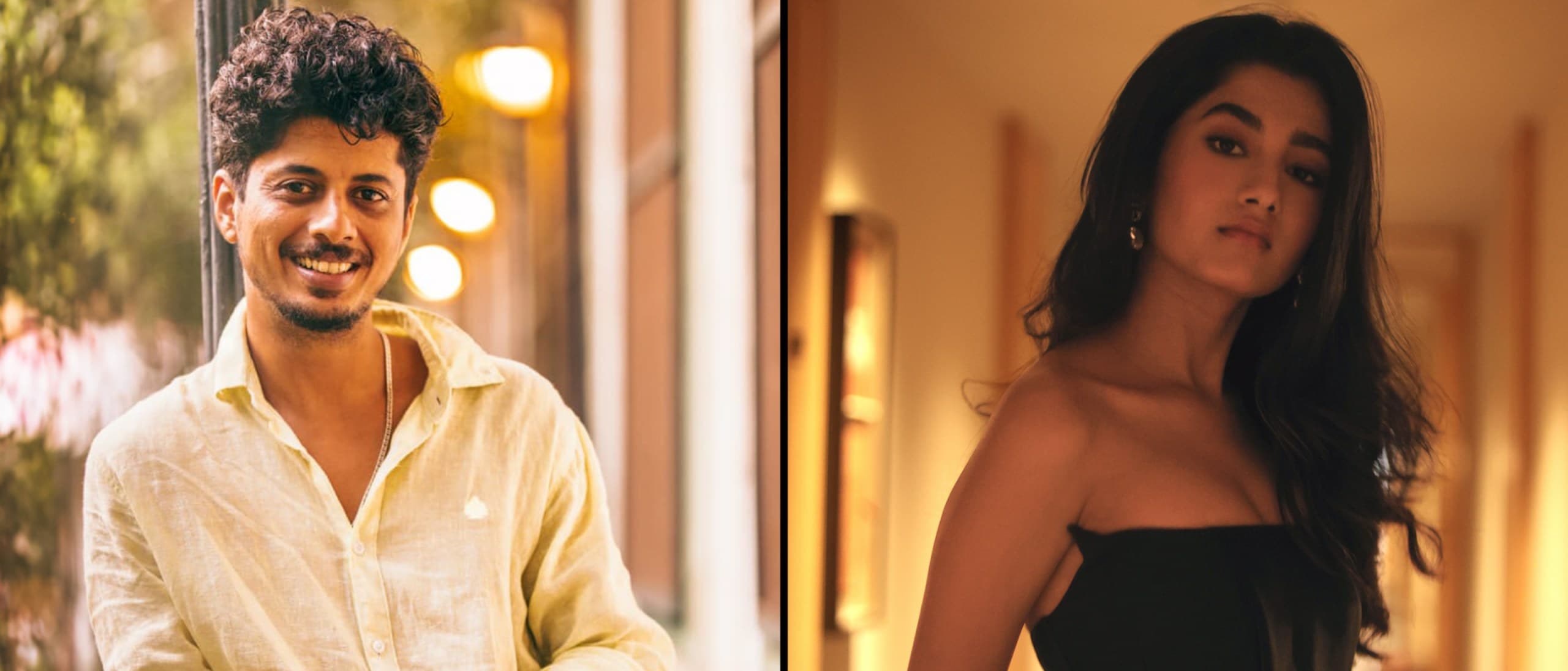 Actors Mayur More, smiling in a pale yellow linen shirt on a balcony, and Ashlesha Thakur, in a black strapless dress in a lamplit hallway, shown side by side