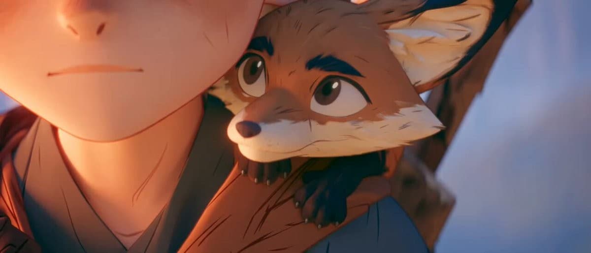 Still from Mountain Meadow Friendship by Elvorya: a boy and a small fox in a golden-hour mountain meadow