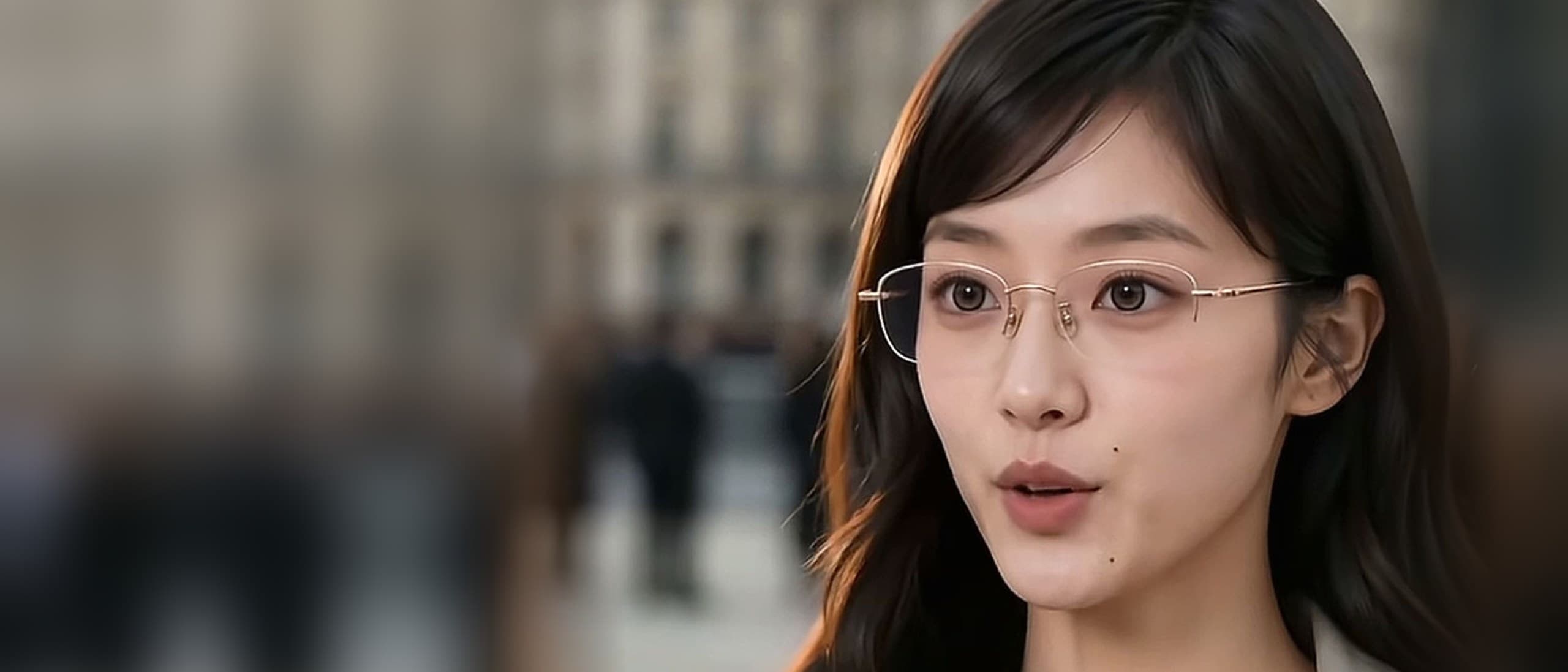 Fang Taozi, an AI-generated character in rimless glasses and a beige trench coat, speaking on a blurred city square in a frame from the Nutnutlook contact lens ad