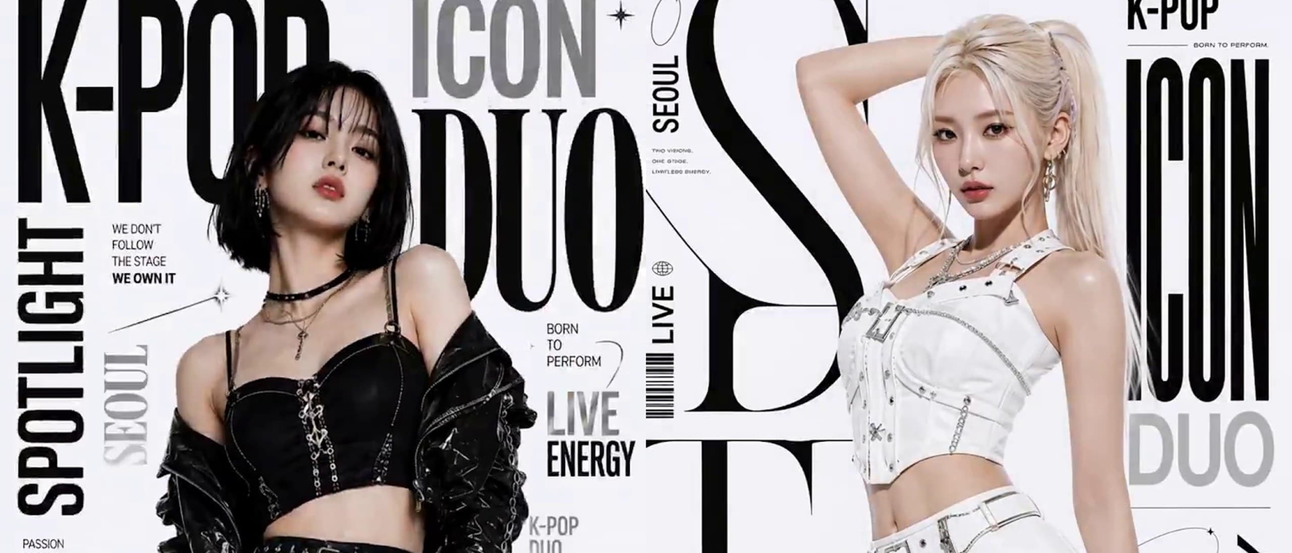 Two black-and-white K-pop magazine covers side by side, a dark-haired model in a black crop top and a platinum-haired model in white, surrounded by large display type