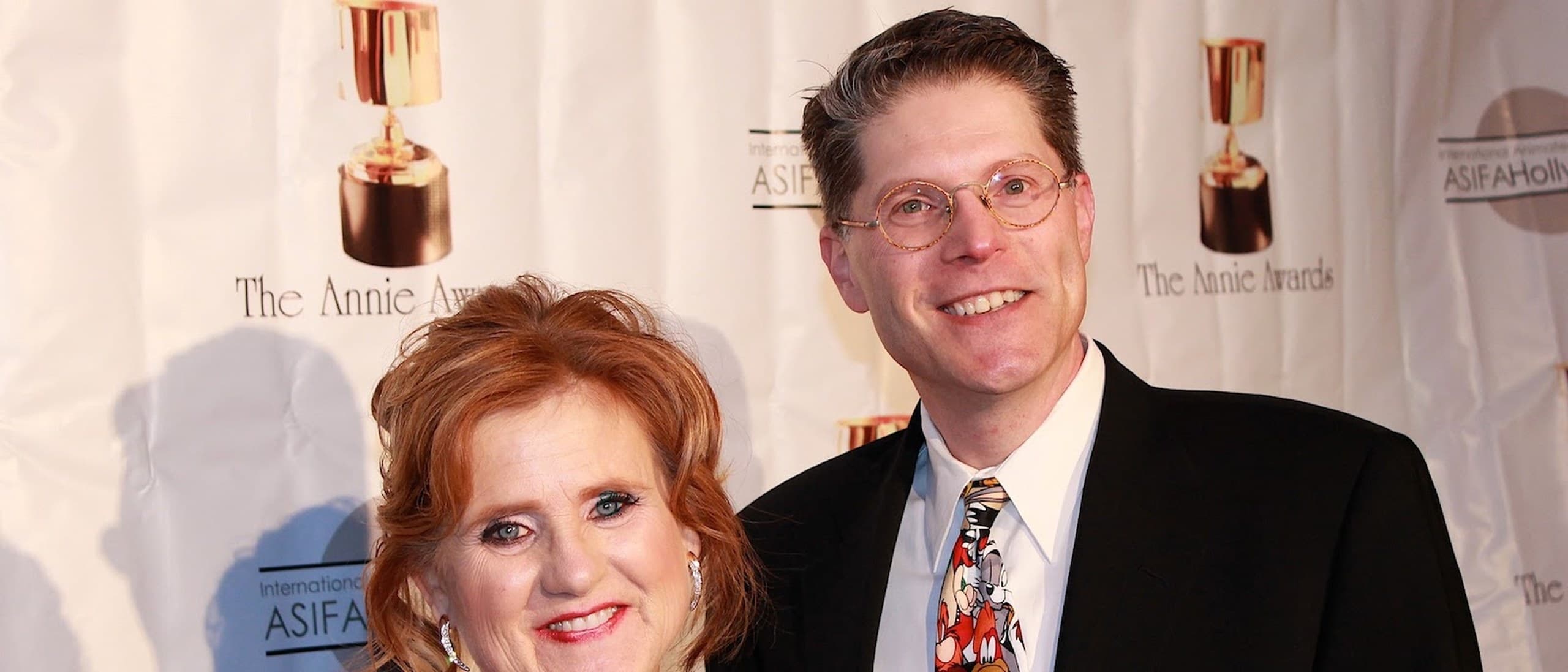 Voice actors Nancy Cartwright and Bob Bergen, co-chair of SAG-AFTRA's TV animation negotiating committee, on the red carpet at the 41st Annie Awards