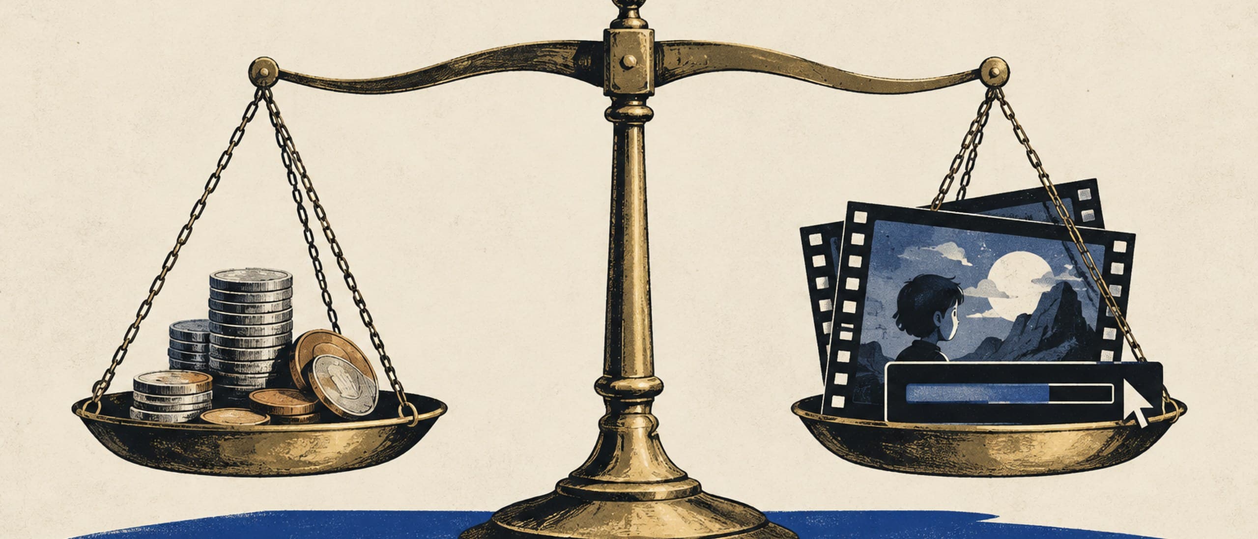 Brass scales on a cream background weighing a stack of coins against a set of film frames and a render progress bar