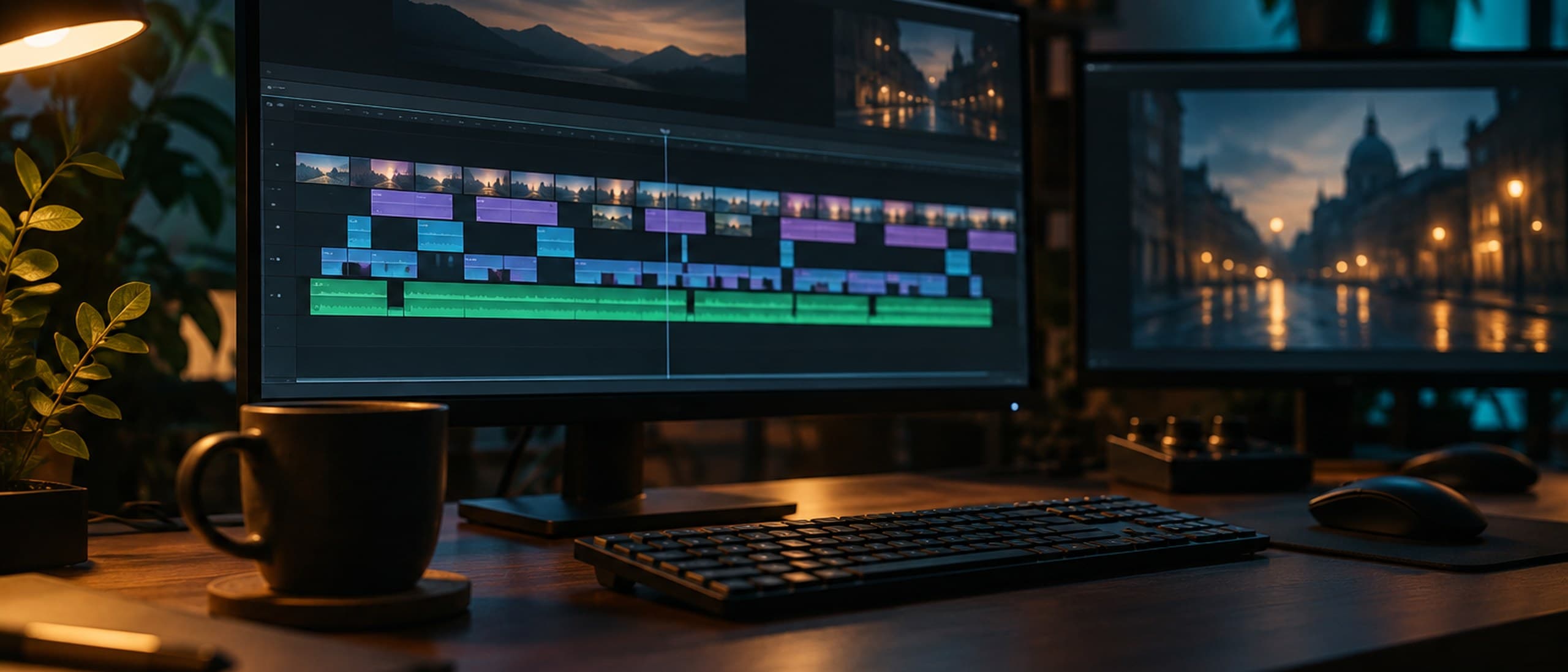 An editor's desk at night with a monitor showing a long video editing timeline built from many short colorful clips laid end to end, a keyboard and coffee cup in the foreground