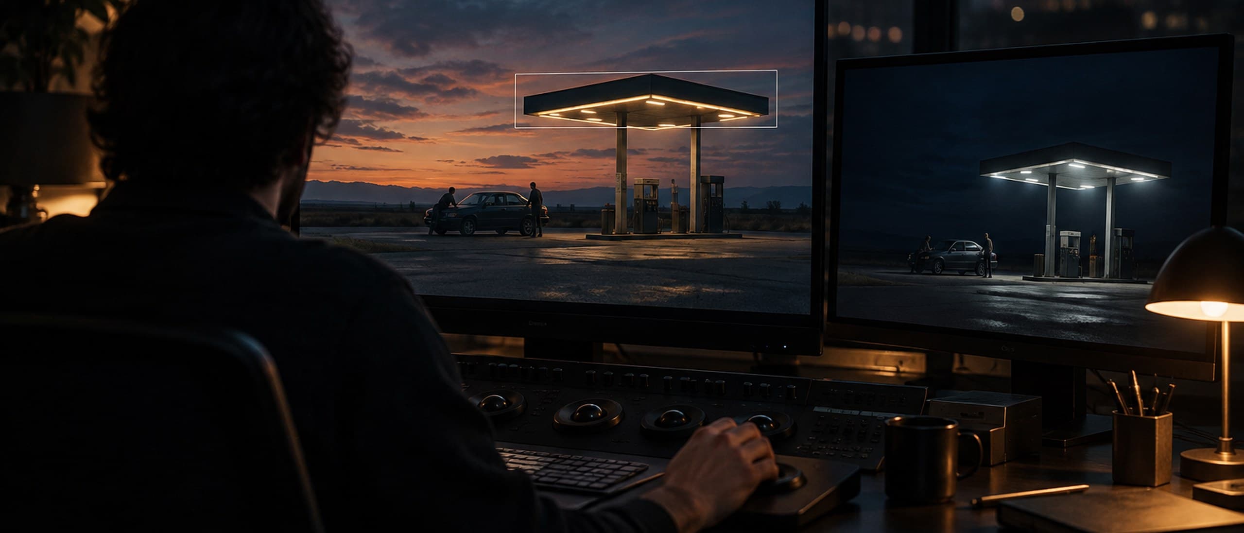Illustration of a colorist seen from behind in a dark grading suite, one monitor showing a gas station at dusk with a box drawn around the canopy and a second monitor showing the same frame relit for night