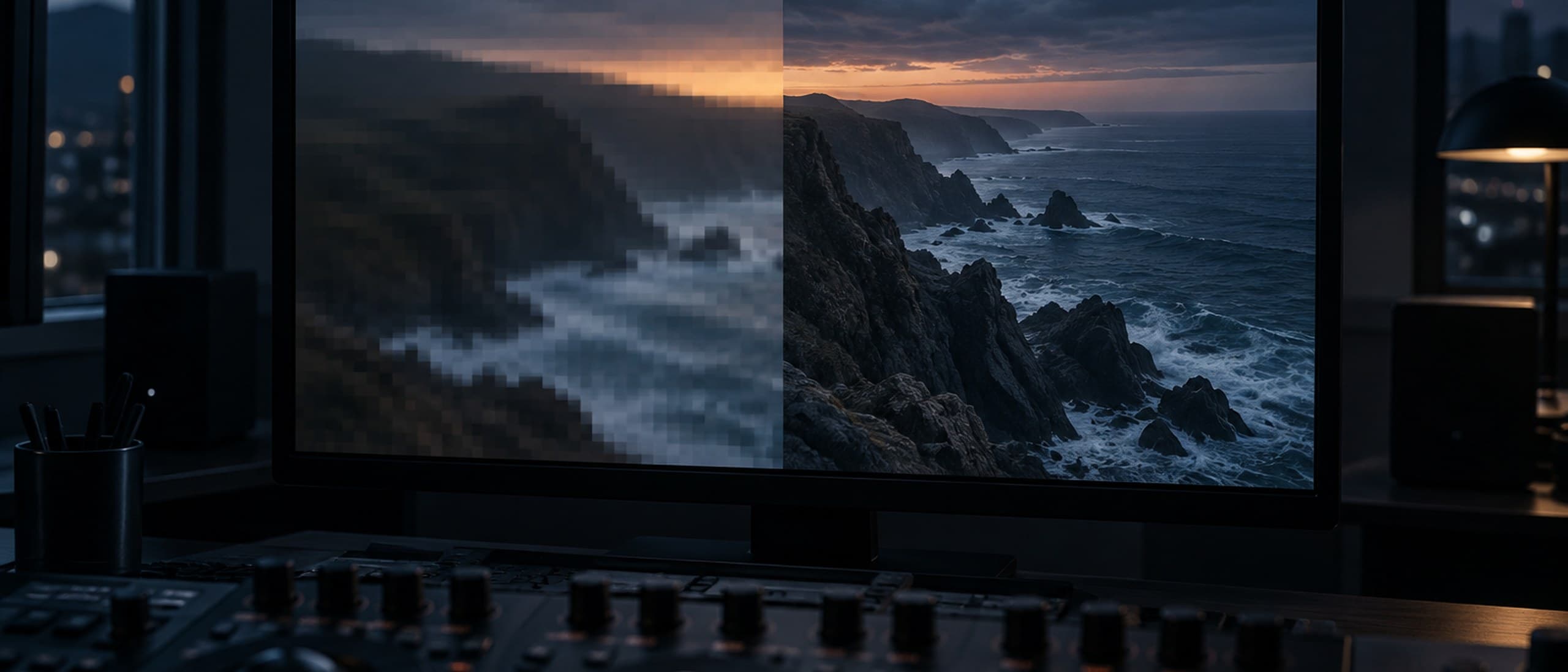 Illustration of a color grading suite at night, a monitor showing a coastal cliff at dusk split down the middle, pixelated on the left and sharp on the right, above a trackball control panel