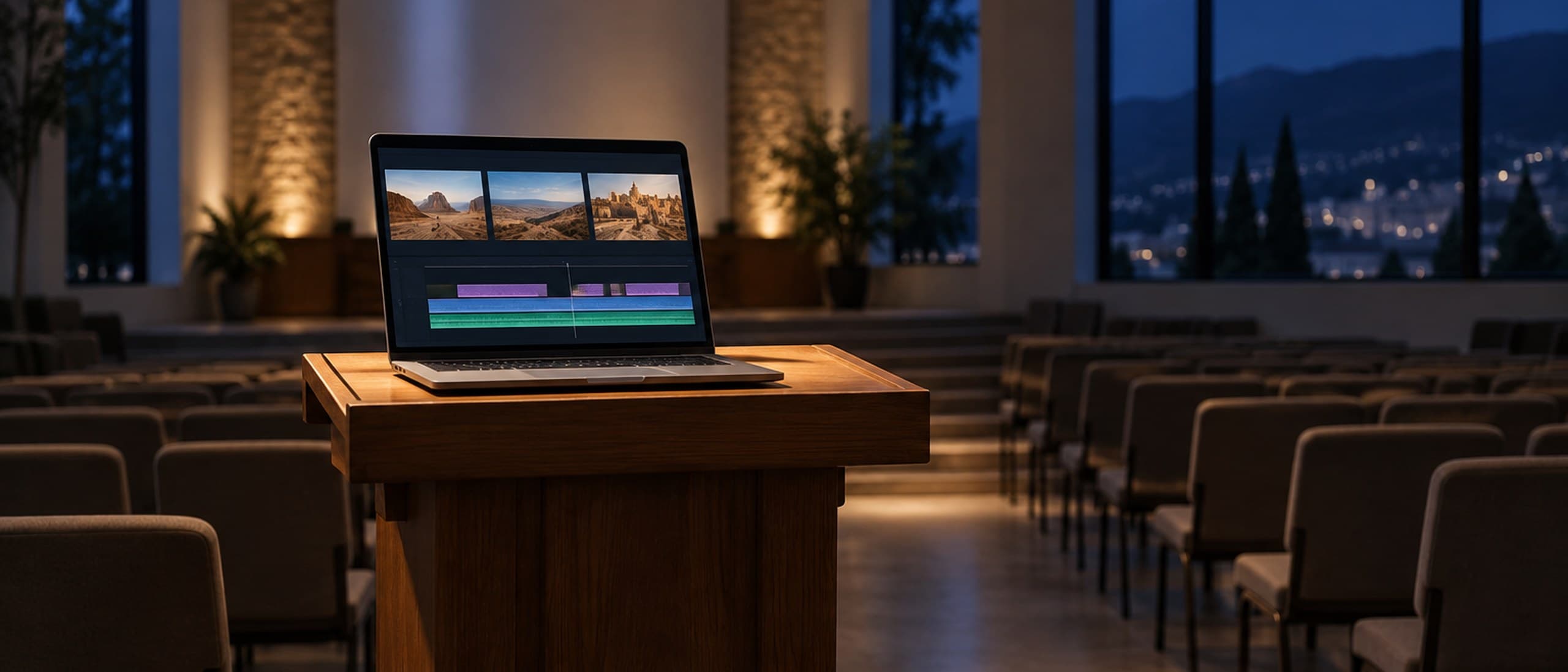 An empty church sanctuary at night with a laptop on a wooden pulpit showing a video editing timeline and storyboard thumbnails of desert scenes
