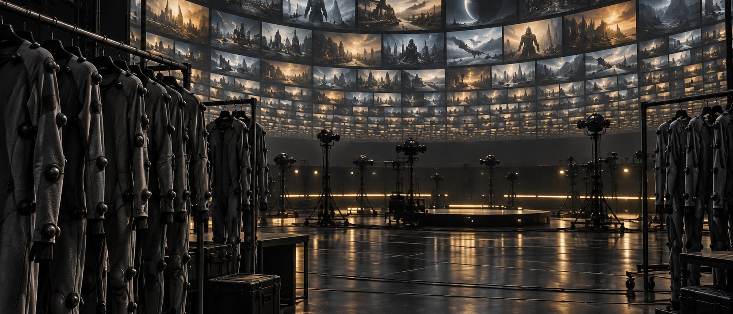 A dark motion-capture stage with racks of empty grey mocap suits in front of a curved wall of glowing film thumbnails