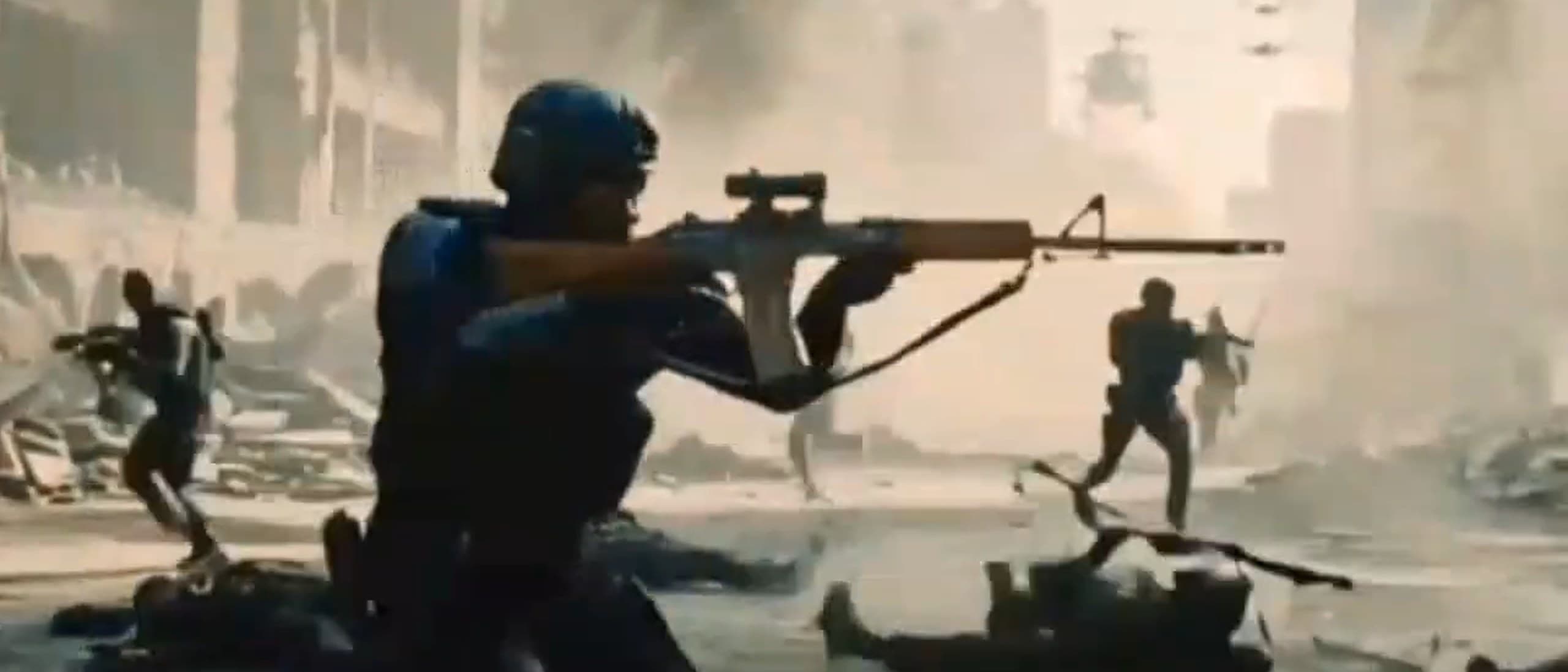 A still from Asiri Ilu Awon Osu: a helmeted soldier aims a rifle across a ruined, smoke-filled city street while other soldiers advance and bodies lie in the rubble