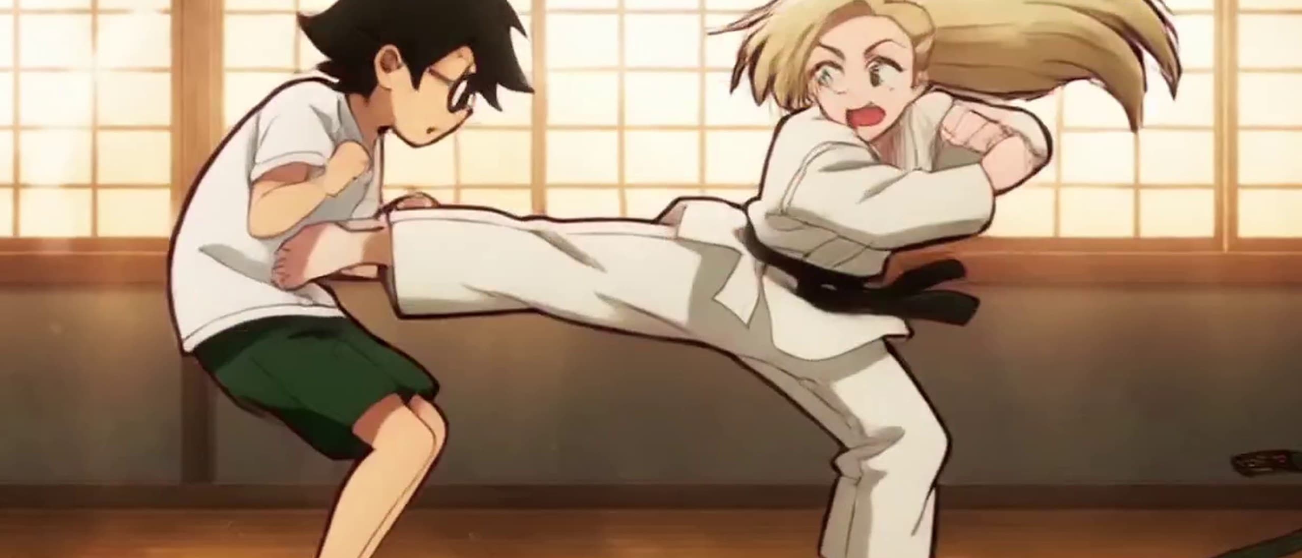 Anime-style frame of a blonde girl in a white karate gi and black belt landing a high kick on a boy in round glasses and green shorts inside a sunlit dojo