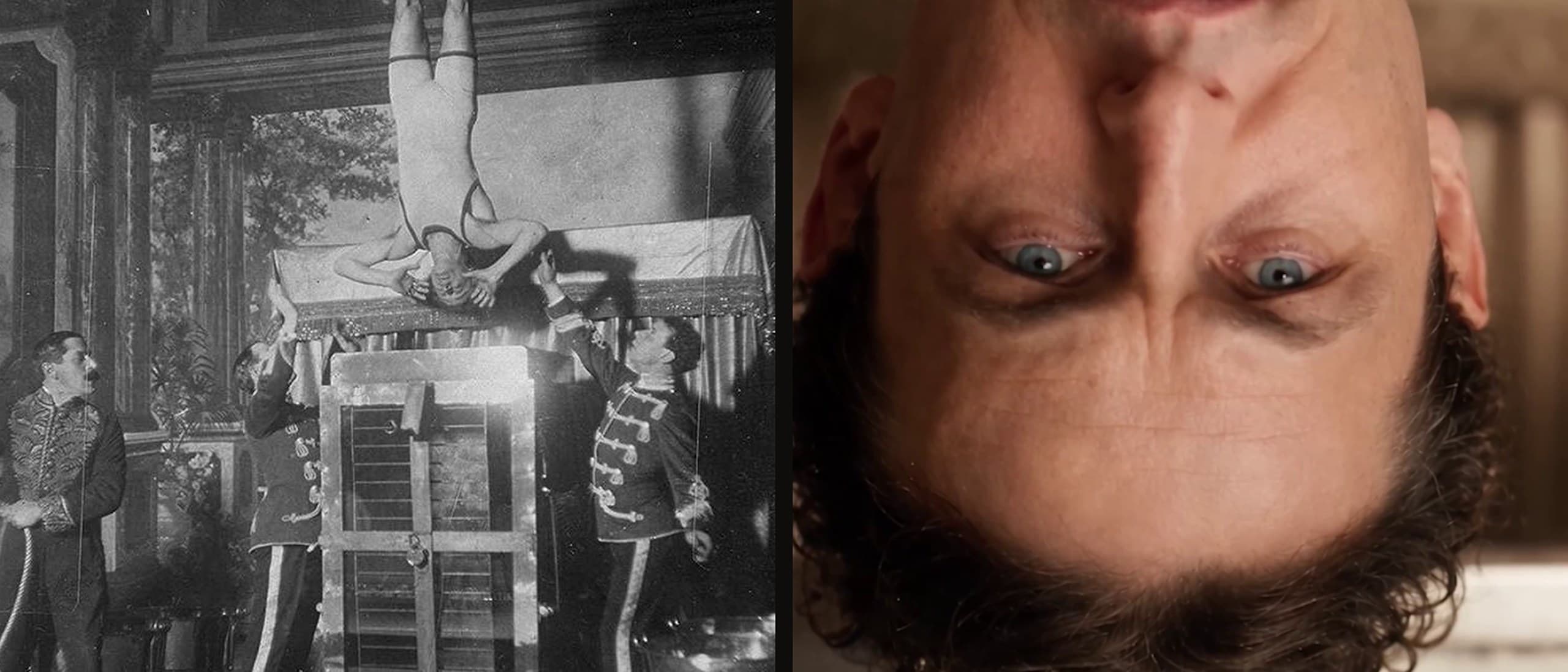 Side by side: an archive photo of Harry Houdini hanging upside down over his Water Torture Cell, and a color trailer frame of an AI-altered Houdini upside down in water, labeled AI GENERATED