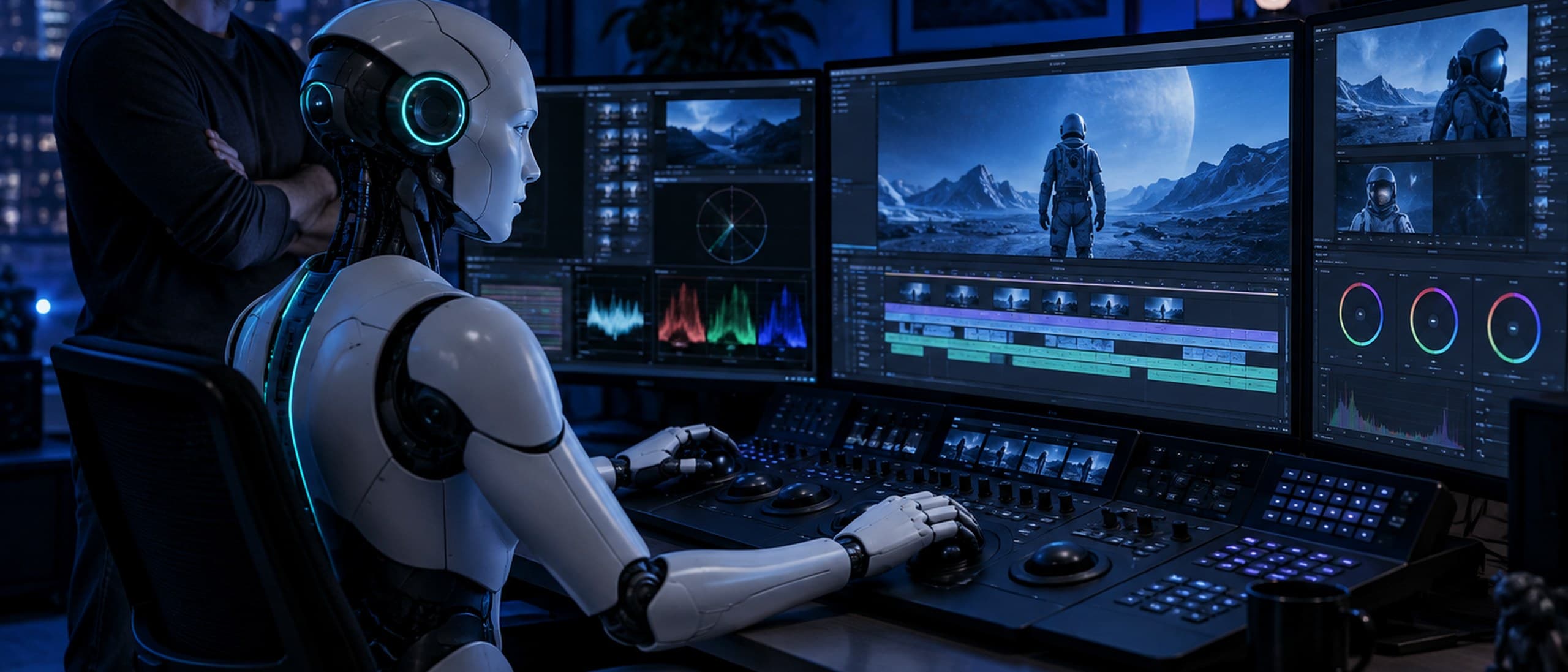 A humanoid robot seated at a color grading desk operating the control panel while a person watches over its shoulder
