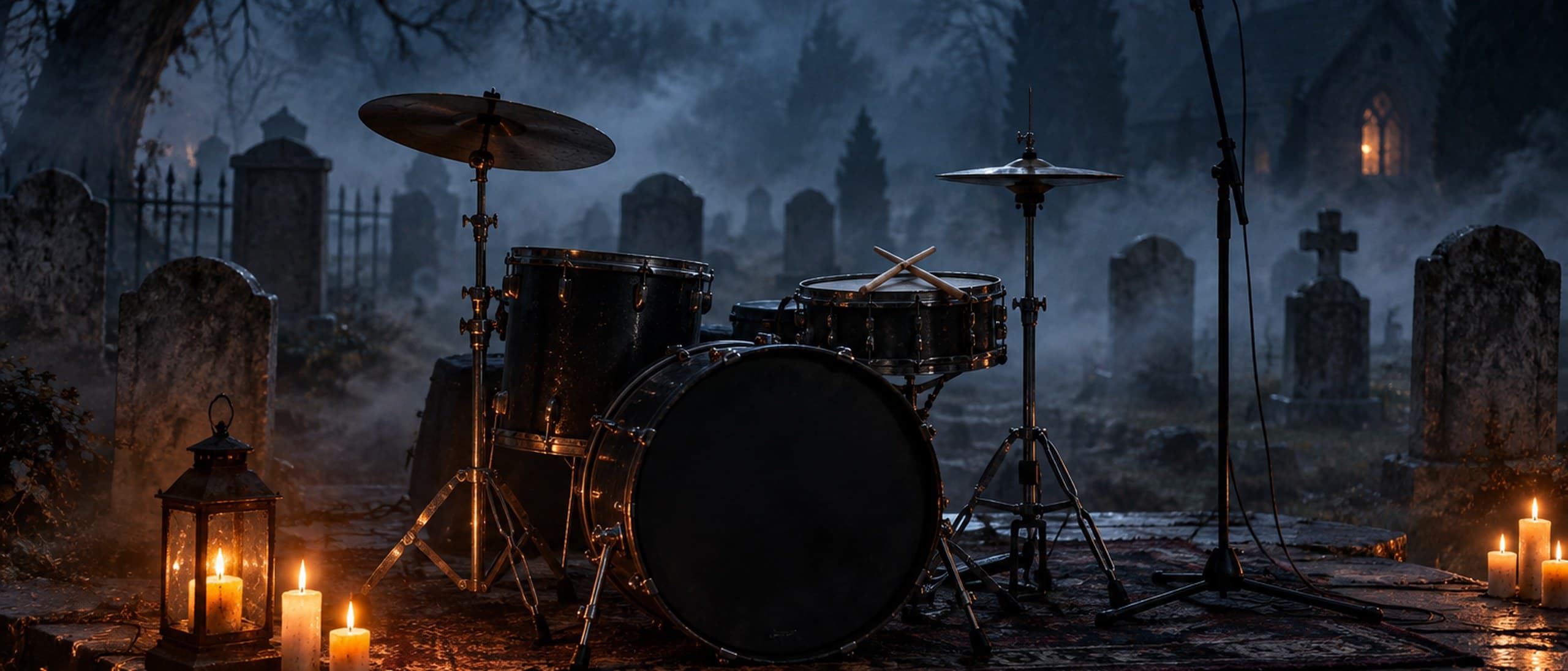 Illustration of an empty drum kit on a candlelit stage in a foggy graveyard at night, drumsticks crossed on the snare, blank headstones behind