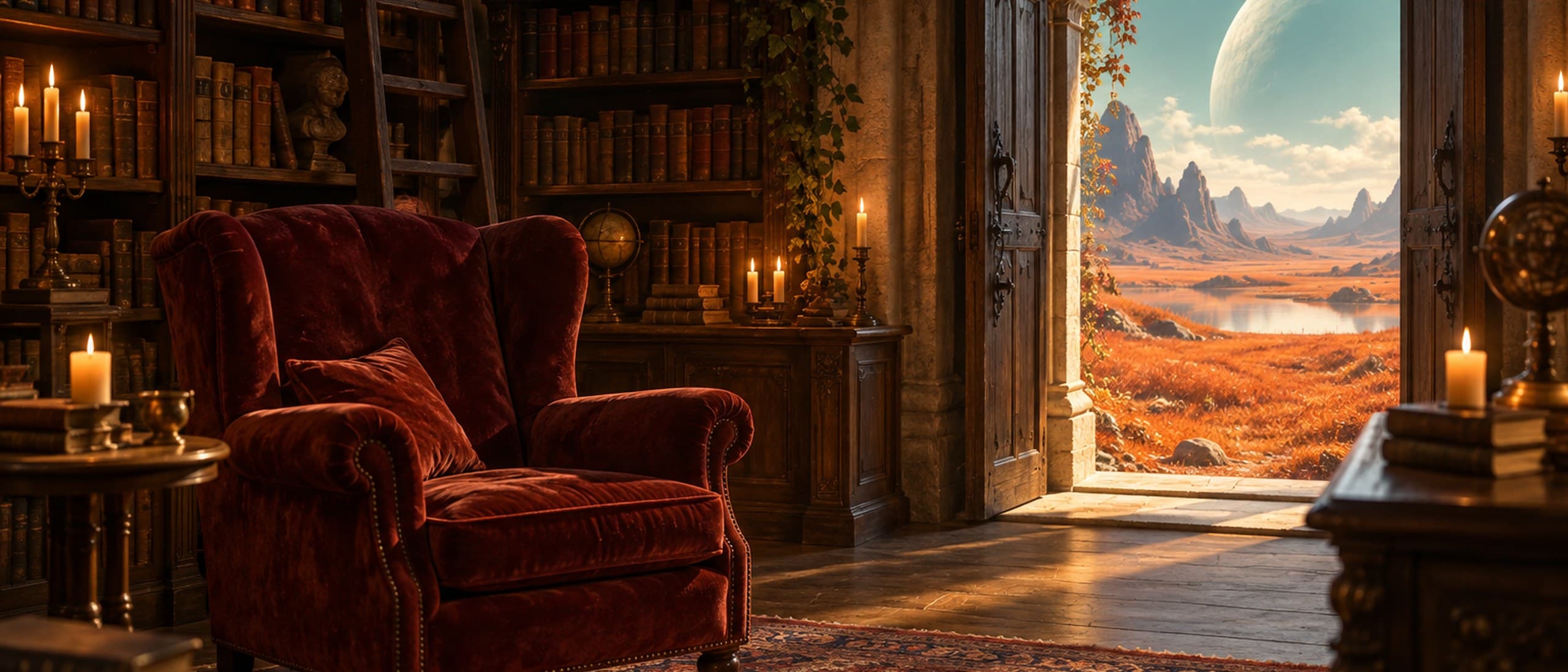 Illustration of an empty red velvet armchair in a candlelit library, with an open arched doorway revealing an orange grassland and a turquoise sky with a pale planet