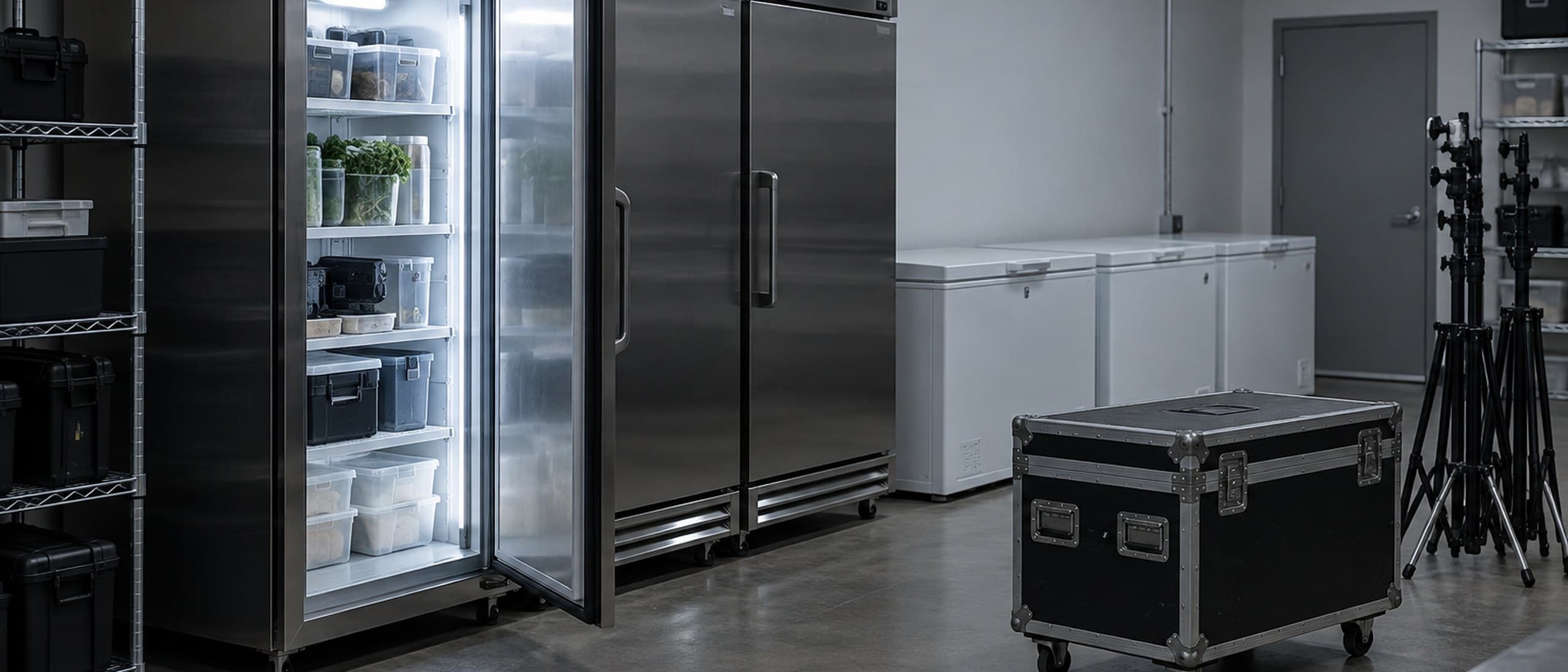 Illustration of a studio storage room with stainless steel industrial fridges, one open and lit, white chest freezers and a rolling equipment case on a concrete floor