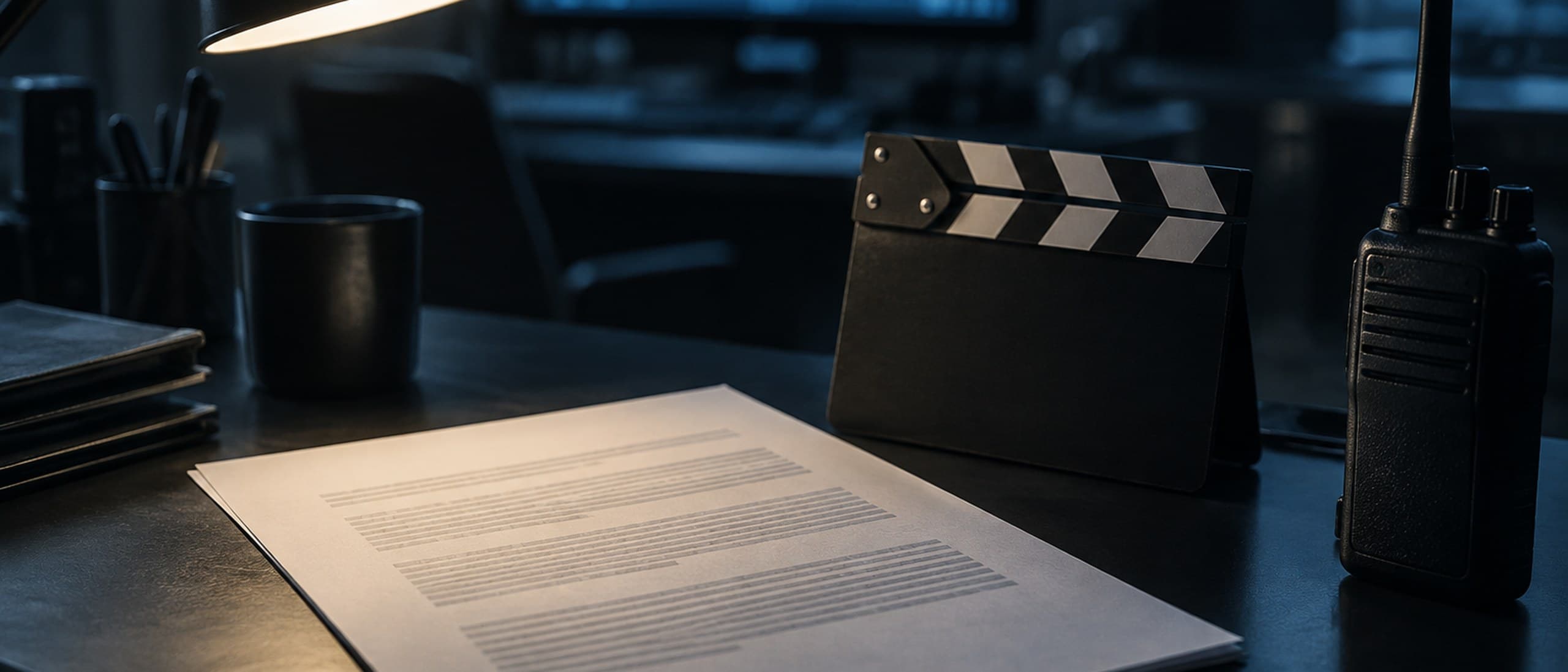 A printed four-paragraph policy document on a dark desk under a lamp, beside a blank film clapperboard and a black tactical radio