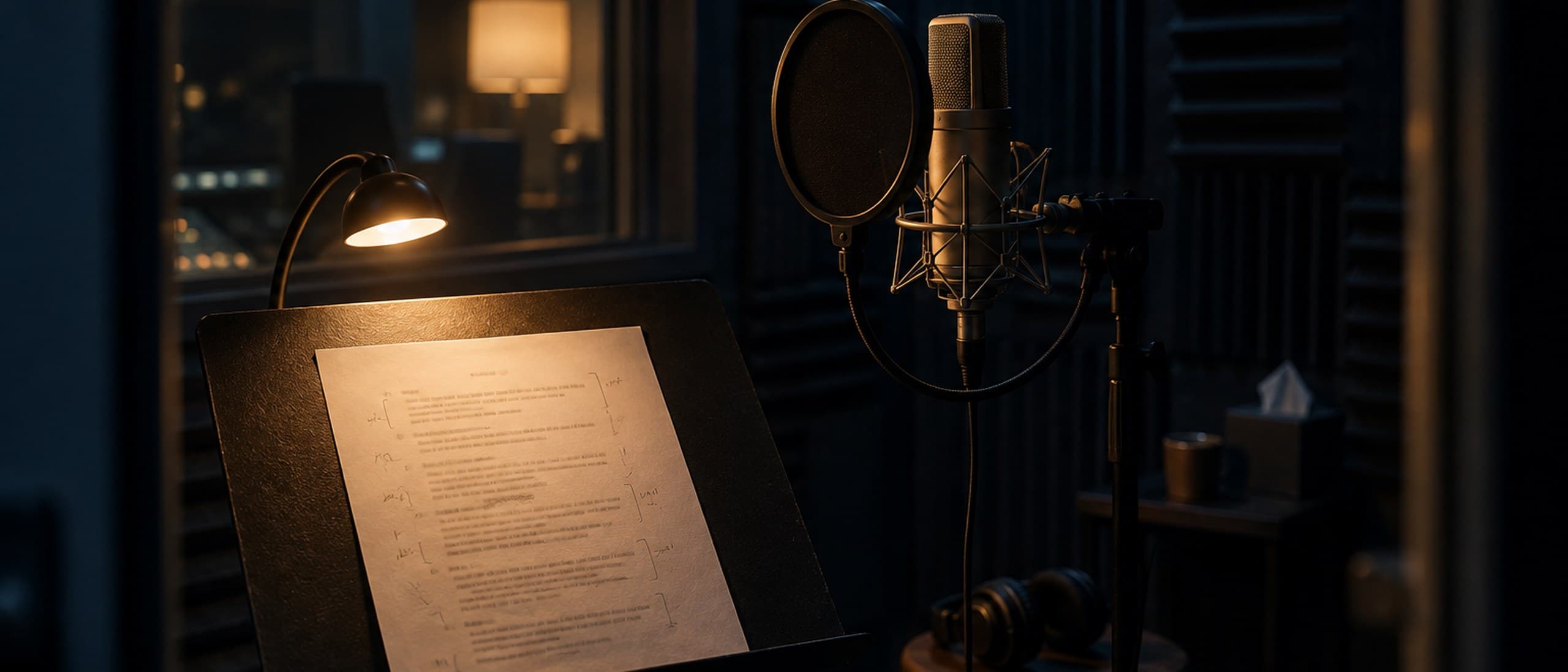 Illustration of an empty voice recording booth at night, a studio microphone with a pop filter beside a music stand holding a script page marked with pencil stage directions under a warm lamp