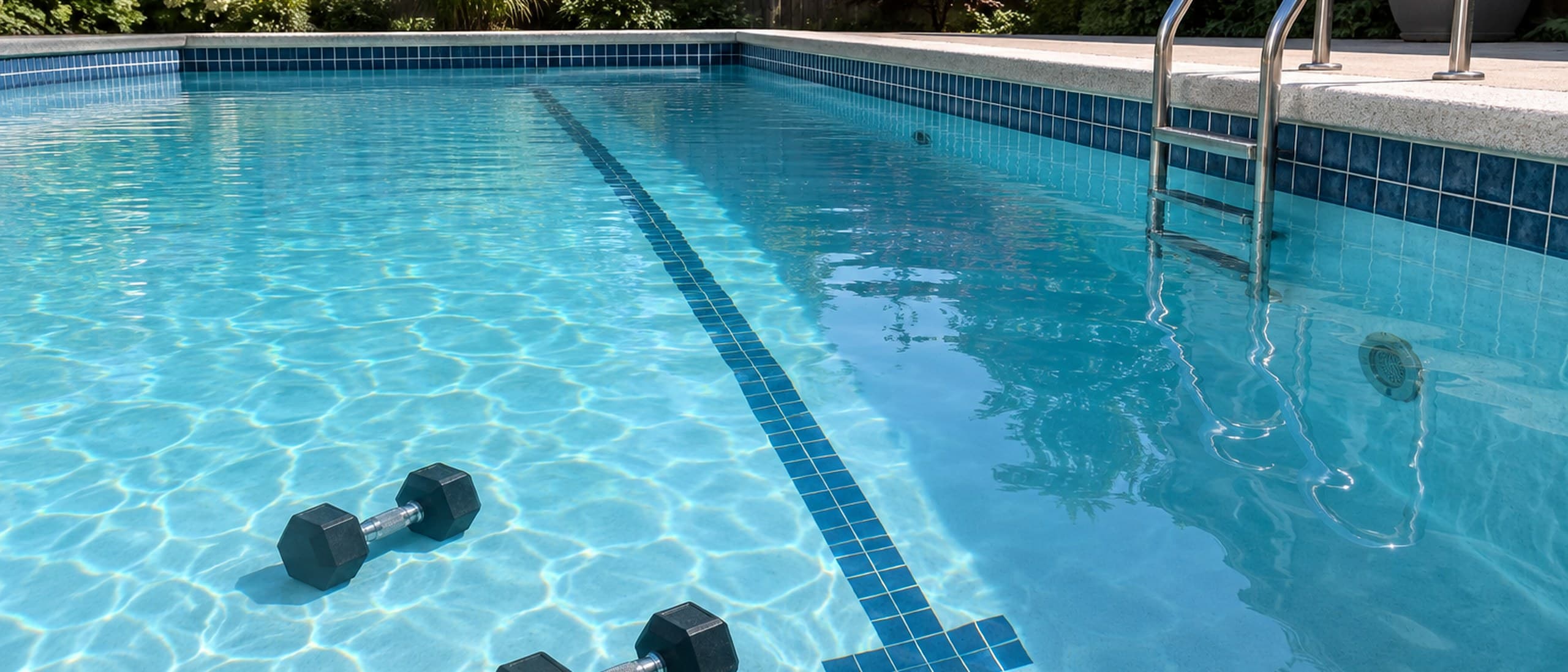 An empty backyard swimming pool in daylight with two dumbbells resting on the tiled floor beneath clear water, a chrome ladder at the right edge