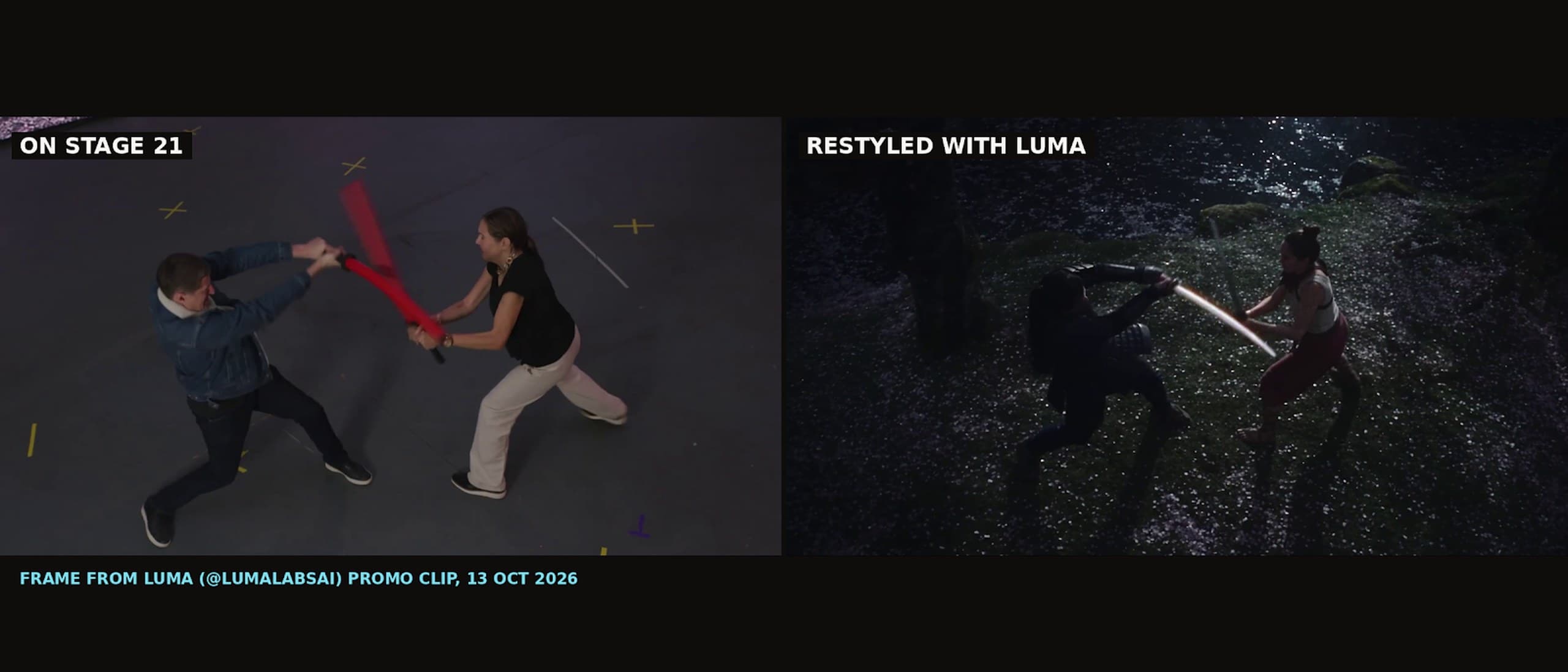 Split frame from a Luma promo clip: on the left two people spar with red prop swords on a gray taped stage floor, on the right the same moment restyled as armored fighters in a night forest