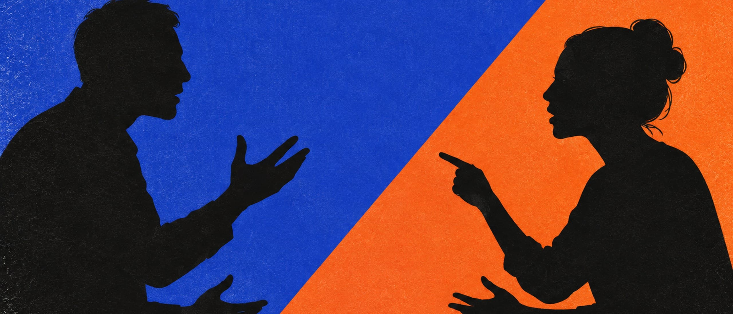 Two anonymous silhouettes arguing across a split background, one on cobalt blue and one on orange, pointing at each other