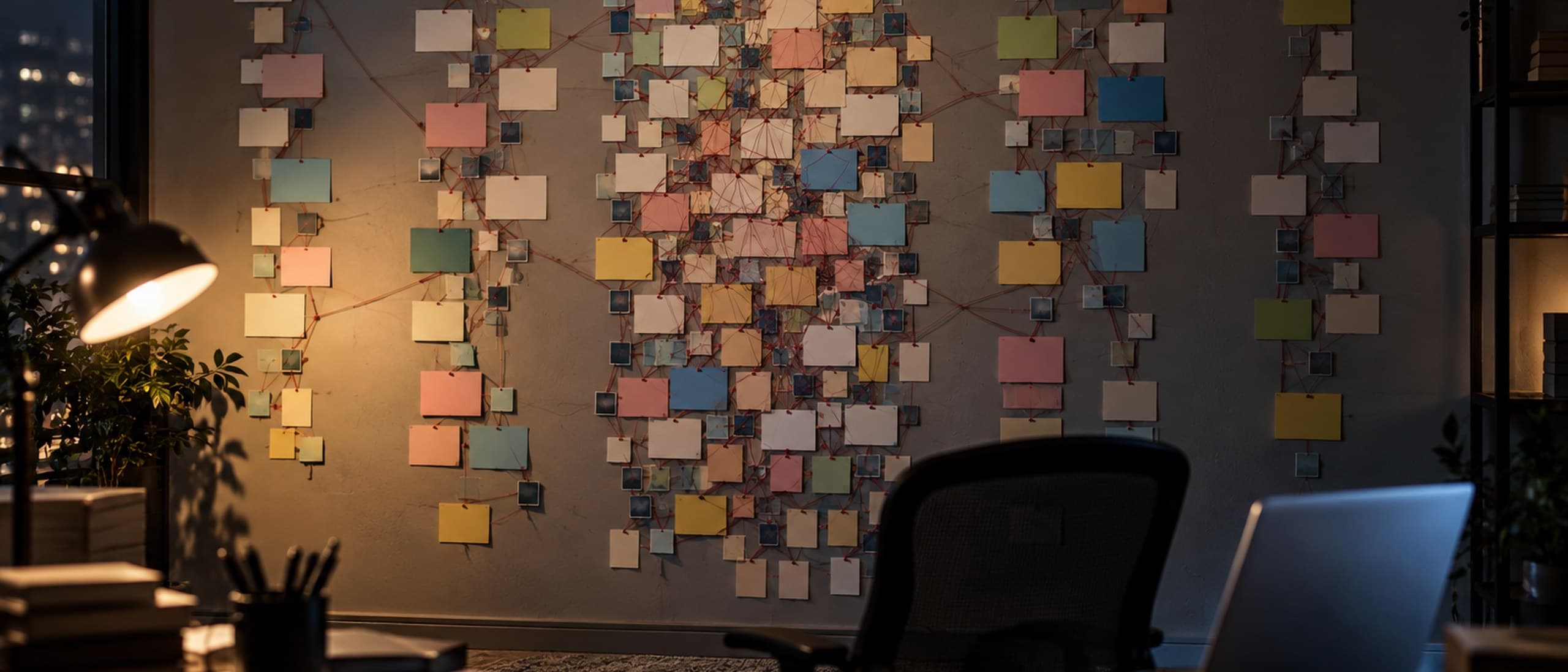 A studio wall at night covered in colored index cards pinned in five columns and joined by red thread, the middle column densest, with a lamp-lit desk and laptop in the foreground