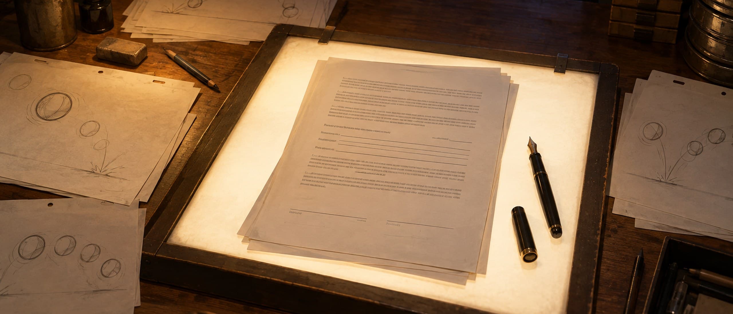 Illustration of an animator's lightbox desk at night with a contract whose signature and number lines are blank, a fountain pen beside it and pencil drawings of bouncing balls around the edges