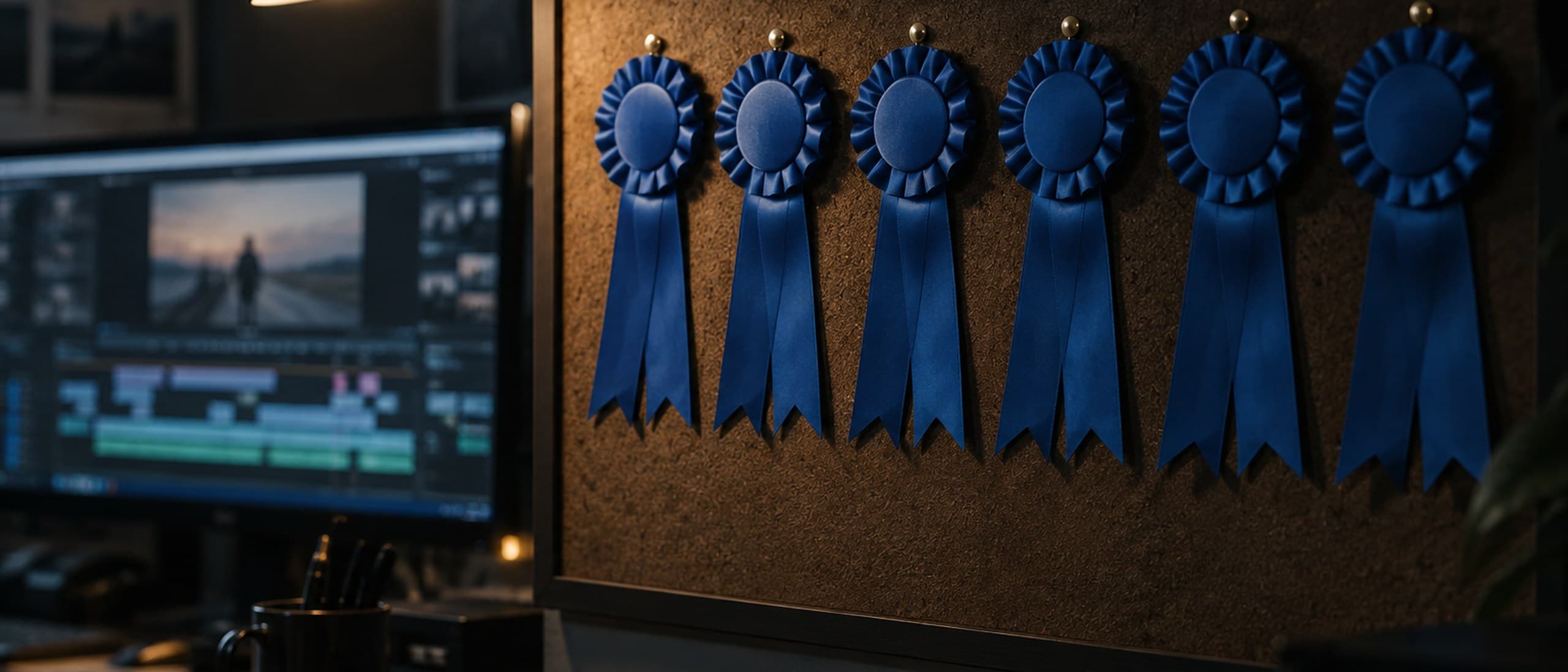 Six identical blank blue first-place rosette ribbons pinned in a row on a dark corkboard beside an editing monitor, lit by a single desk lamp