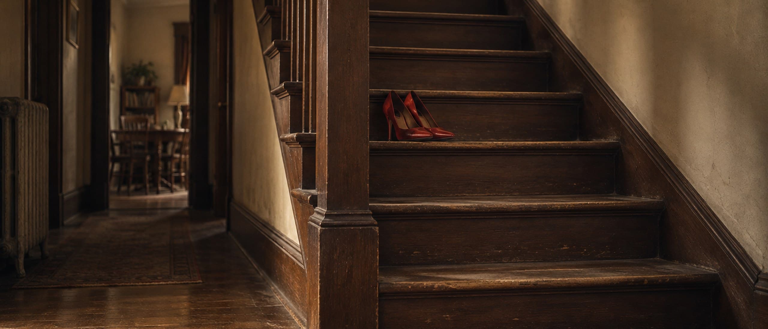 An empty dark wooden staircase in an old house, a pair of red high-heeled shoes resting on one of the lower steps in warm afternoon light