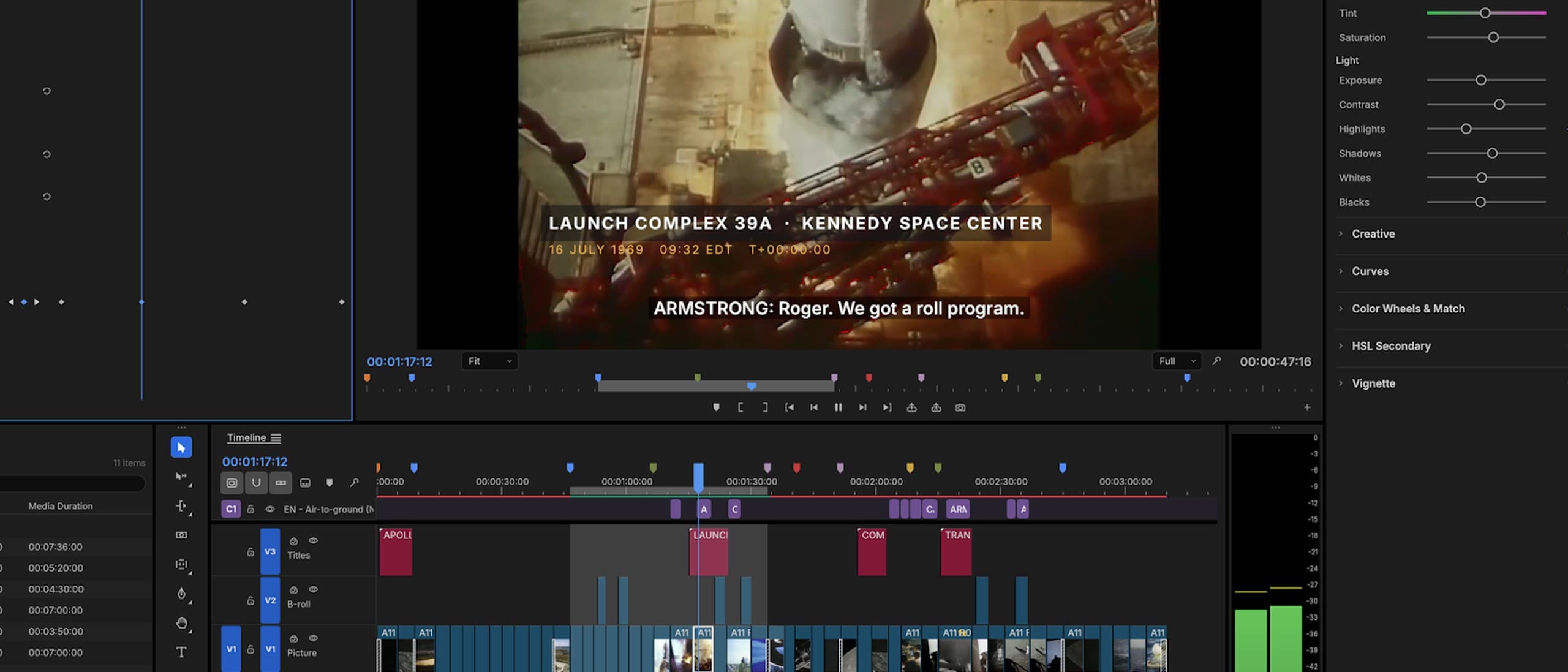 Screenshot of the FilmCraft video editor with the Apollo 11 Saturn V launch in the program monitor, a color panel on the right and a multi-track edit timeline below