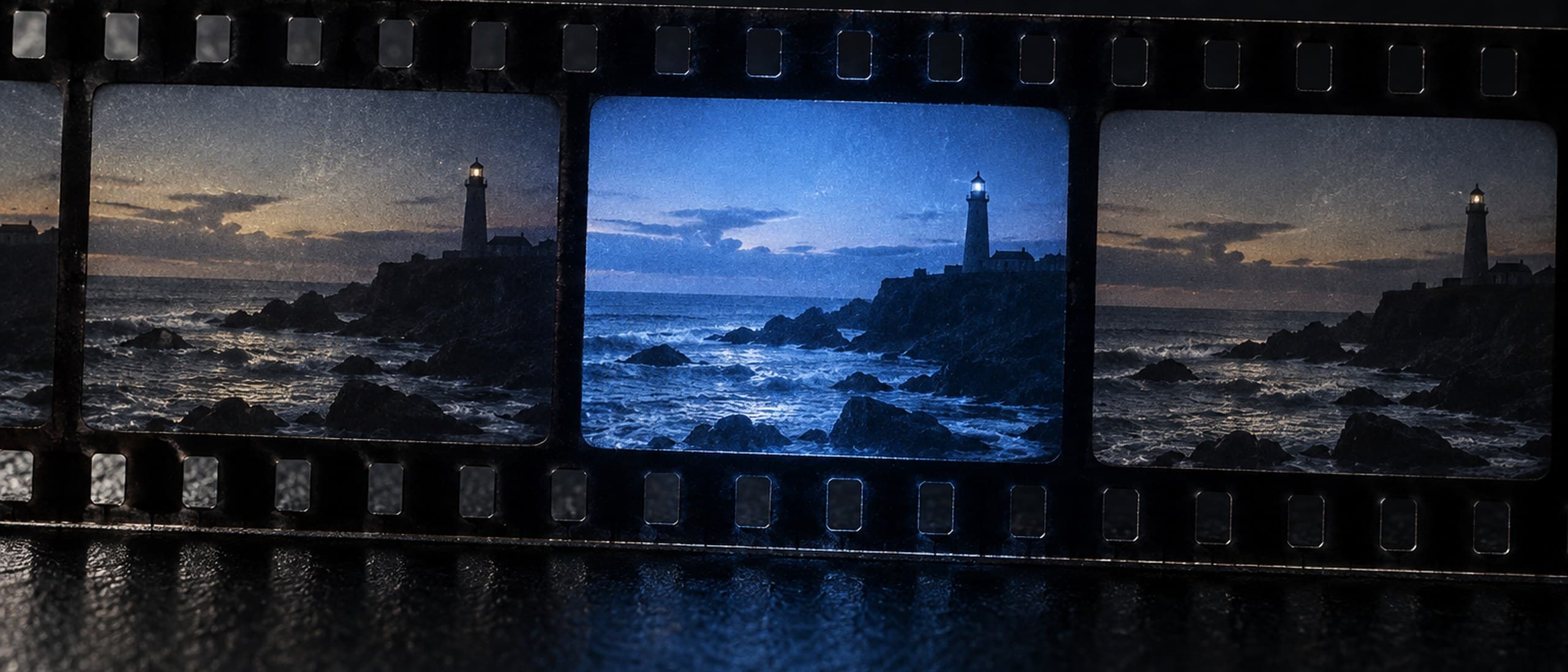 Macro view of a film strip on a dark surface: three repeated frames of a coastal shot, with the middle frame lit brighter and cooler than the two originals around it.