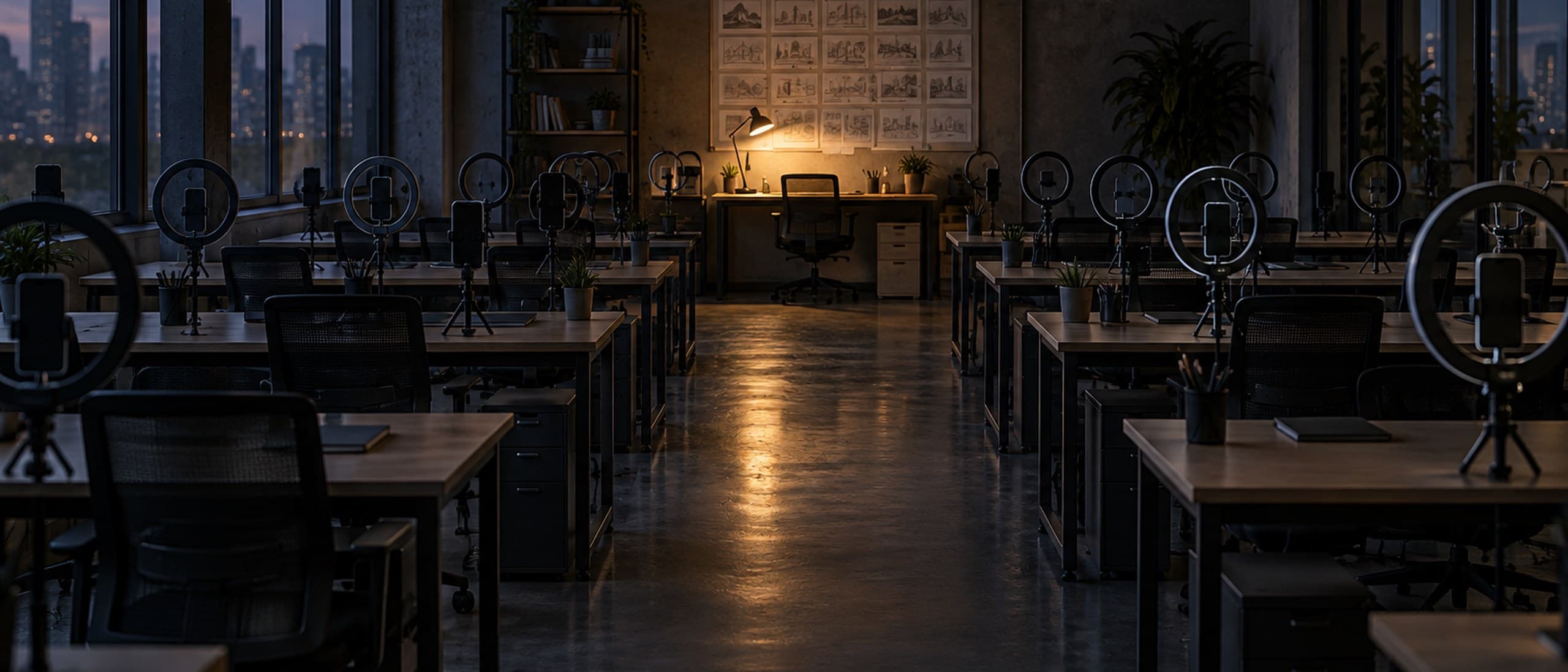 Illustration of a dim open-plan office at dusk with rows of identical empty desks, each holding a phone on a tripod and a ring light, and one lamp-lit desk at the back beneath a pinned storyboard