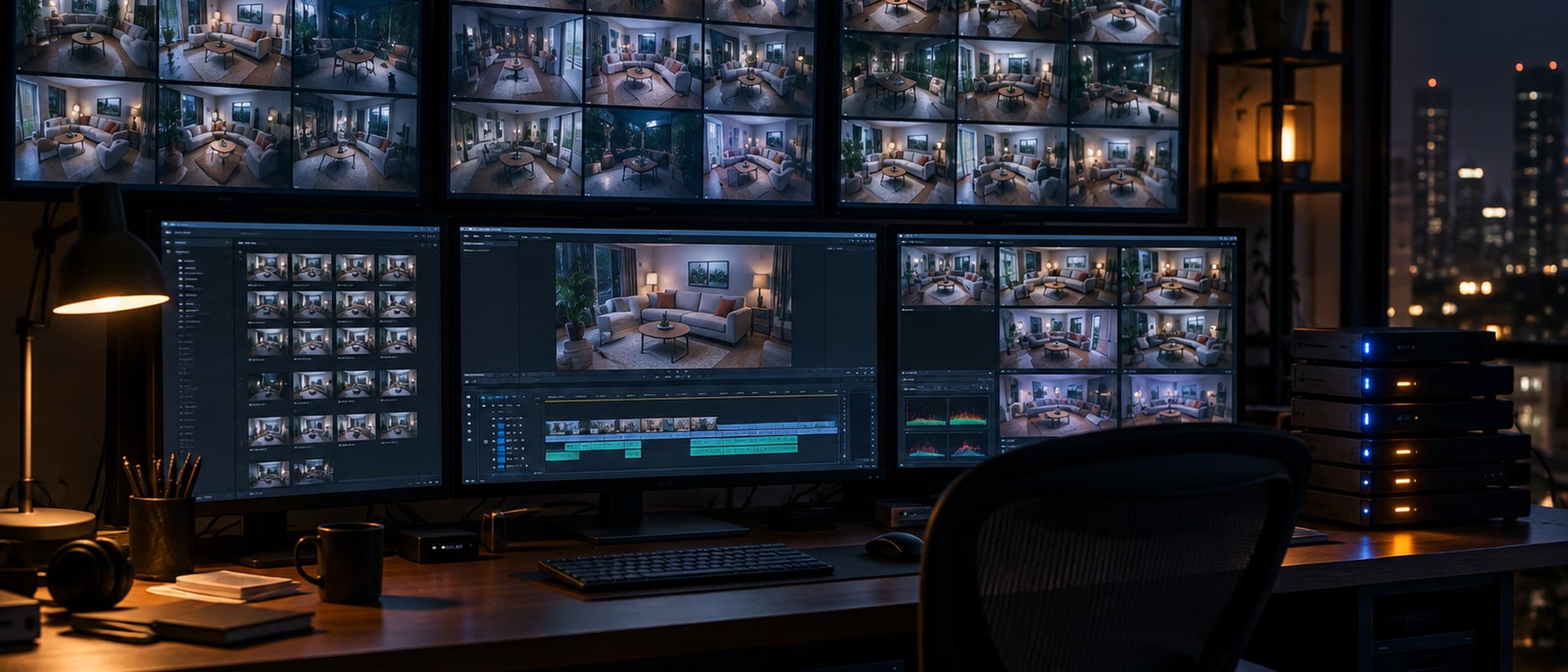 Illustration of a dark television edit bay at night, with walls of monitors showing the same living room set from dozens of camera angles and an empty chair at the desk