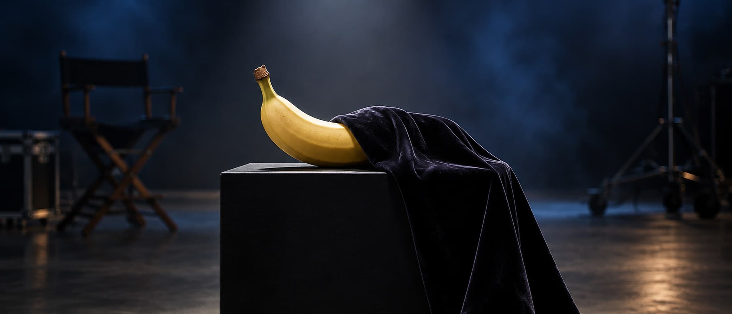 A ripe yellow banana resting on a black pedestal on a dark film soundstage, half covered by a velvet cloth under a single spotlight