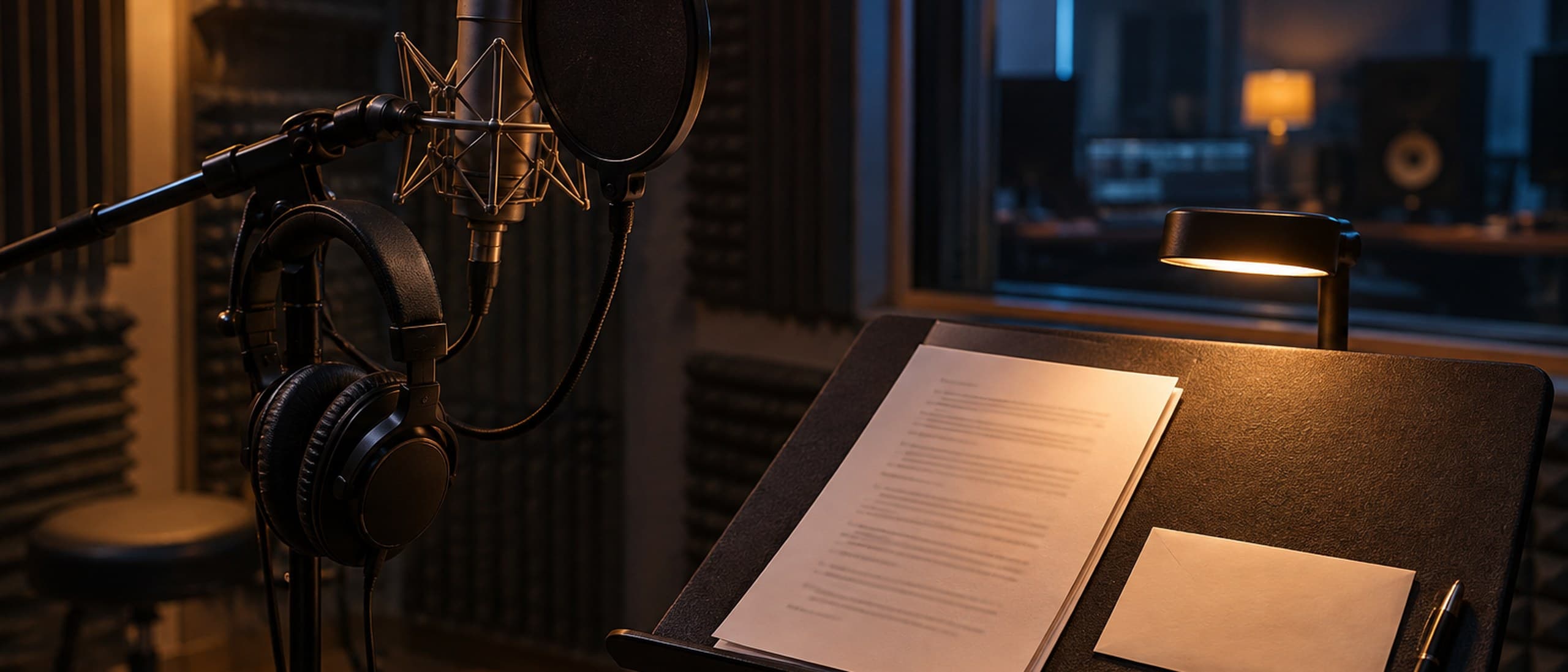 An empty voice-over recording booth at night with a studio microphone and pop filter, headphones on the stand, and a script and blank ballot envelope on a music stand
