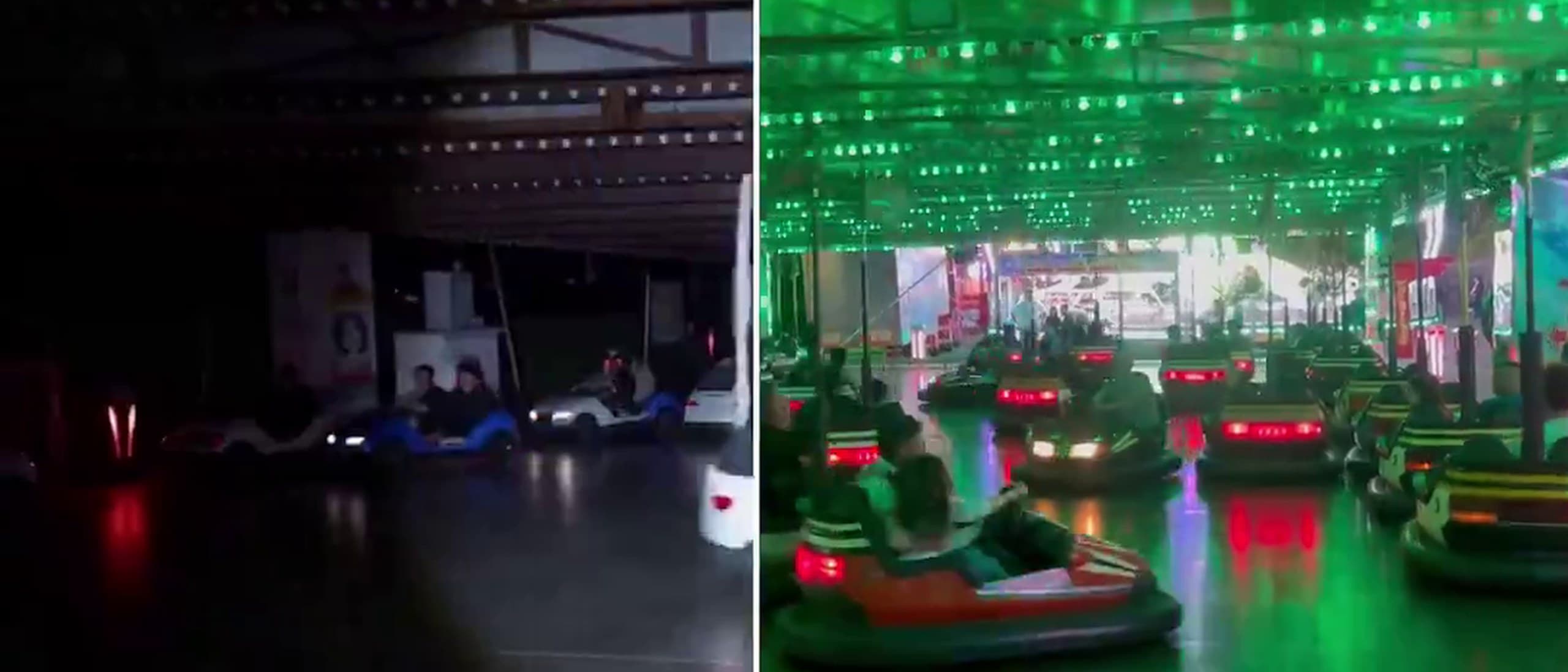 A neon green bumper car hall split by a vertical wipe, the left side plunged into darkness and the right still glowing with LED lights