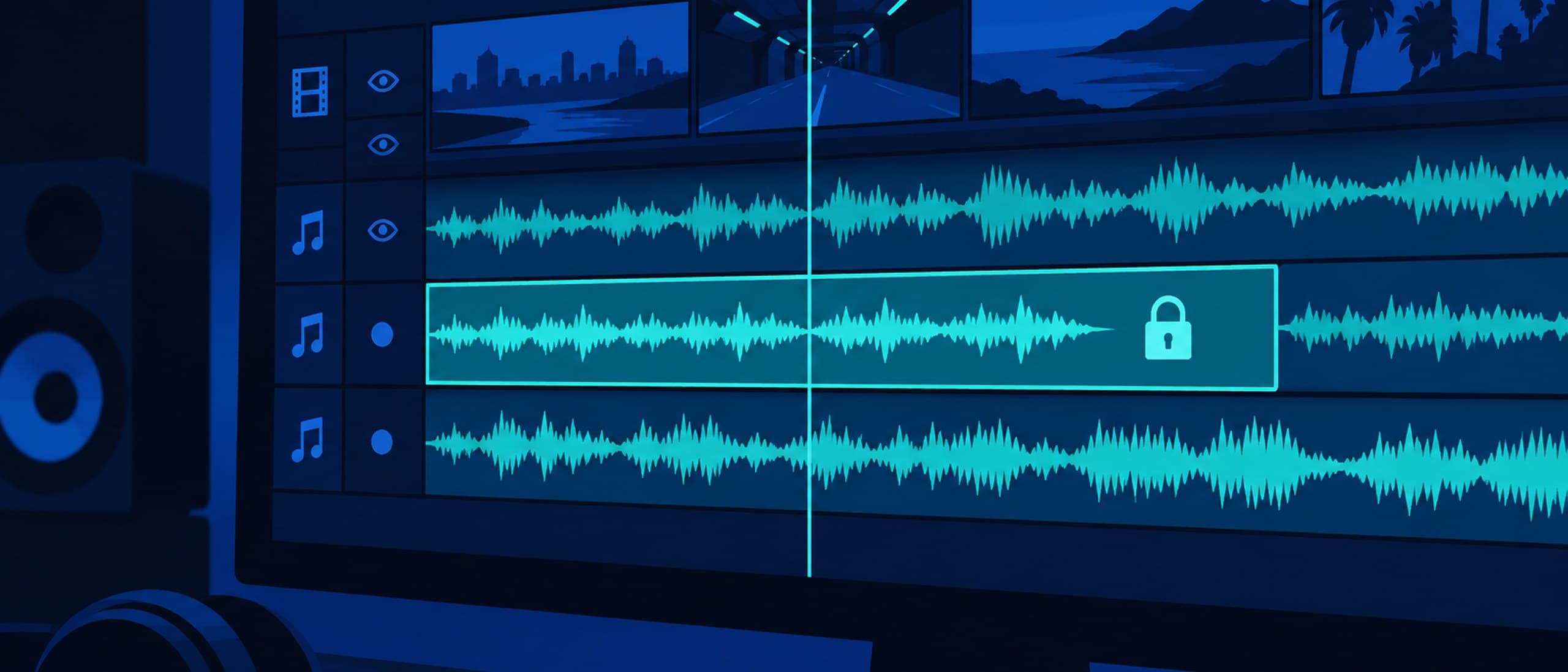 A dark editing timeline with teal audio waveforms, one music track highlighted and locked with a padlock icon