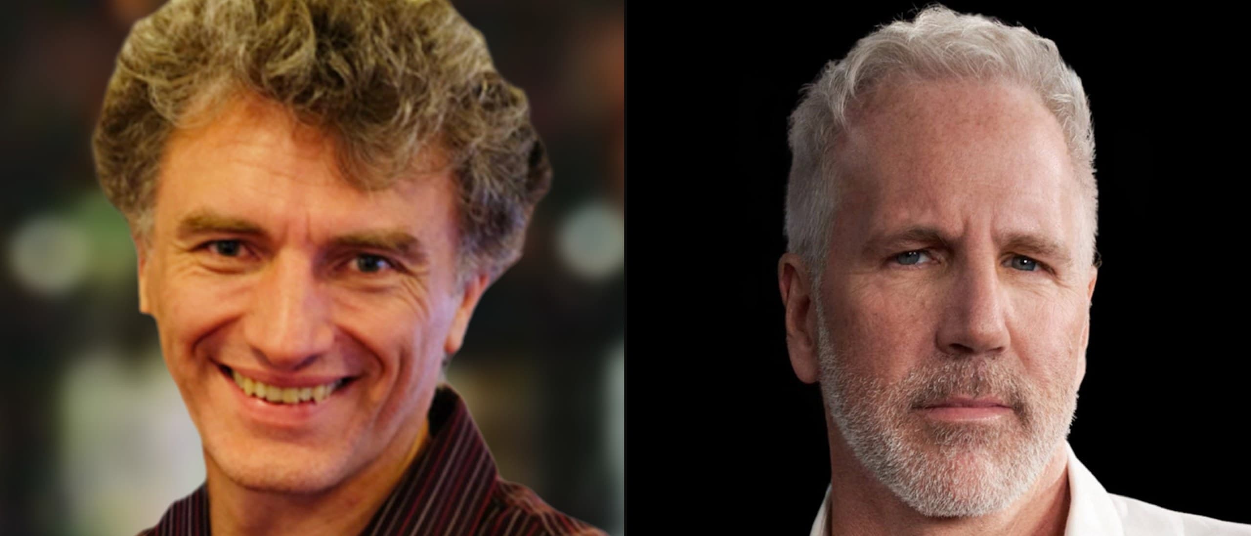 AGBO chief scientific officer Dominic Hughes, smiling with curly gray hair, beside AGBO partner Chris Brearton, white-haired and bearded, in two press headshots