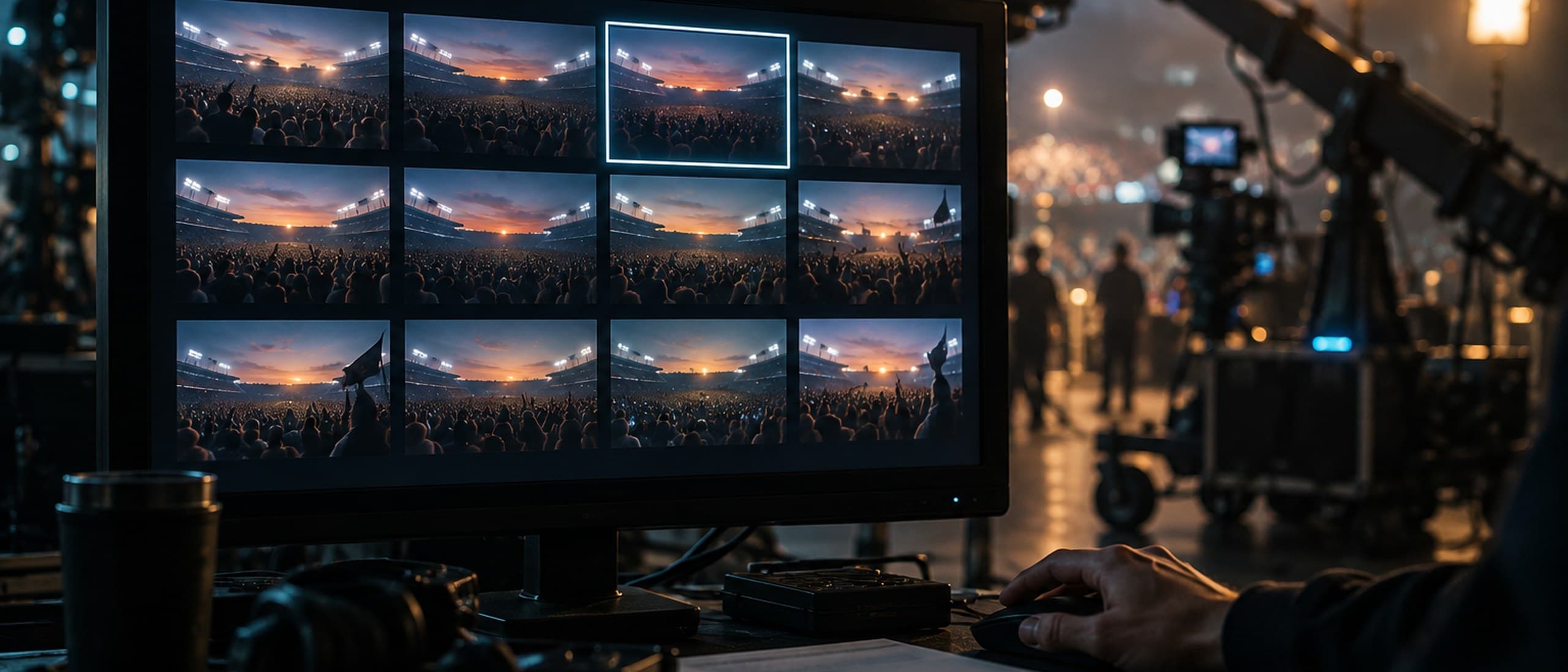 A director's monitor on a dark soundstage showing a grid of twelve crowd-scene variations at a stadium, one highlighted as selected, with a hand on a mouse in the foreground