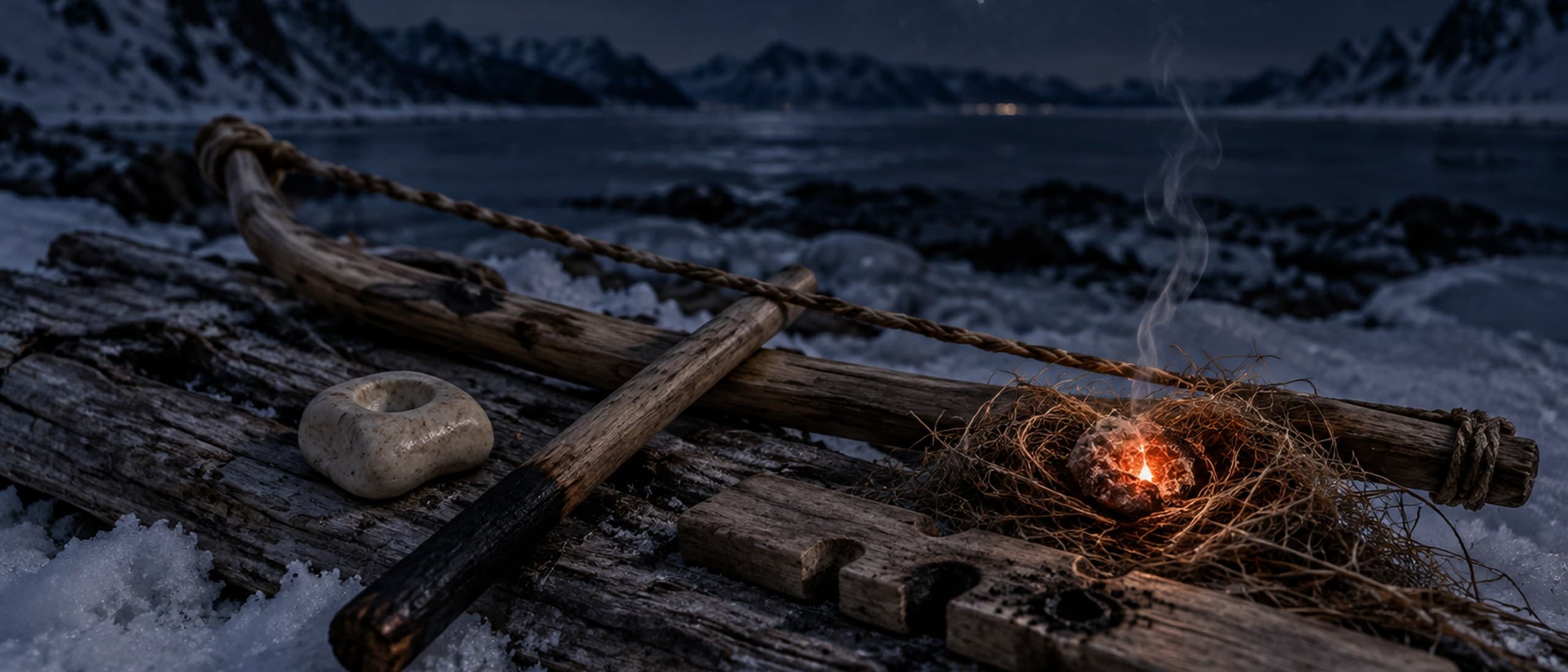 Illustration of a traditional bow-drill fire kit resting on weathered driftwood in the snow at night, a single ember glowing in a nest of dry grass beneath a starry polar sky