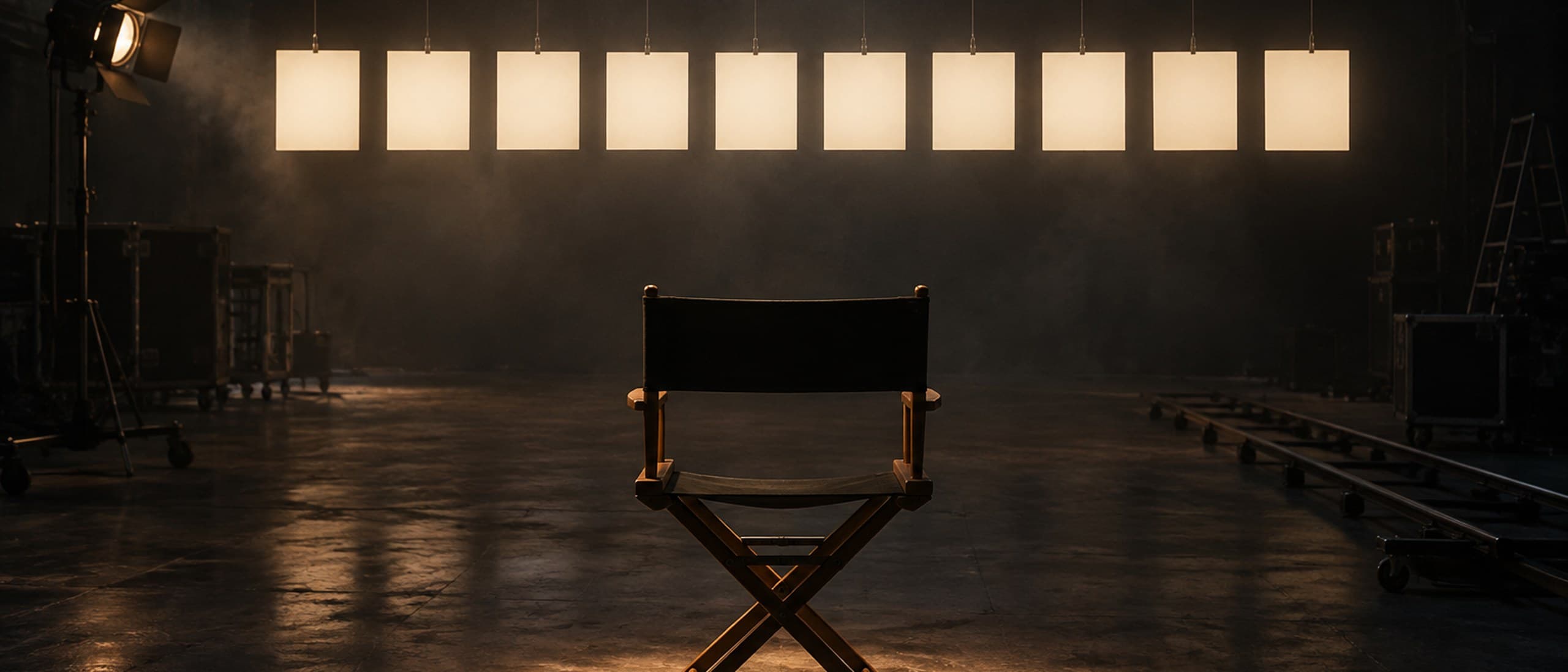 Illustration of an empty director's chair on a dark stage facing a row of ten blank glowing cards, like storyboard frames waiting to be filled