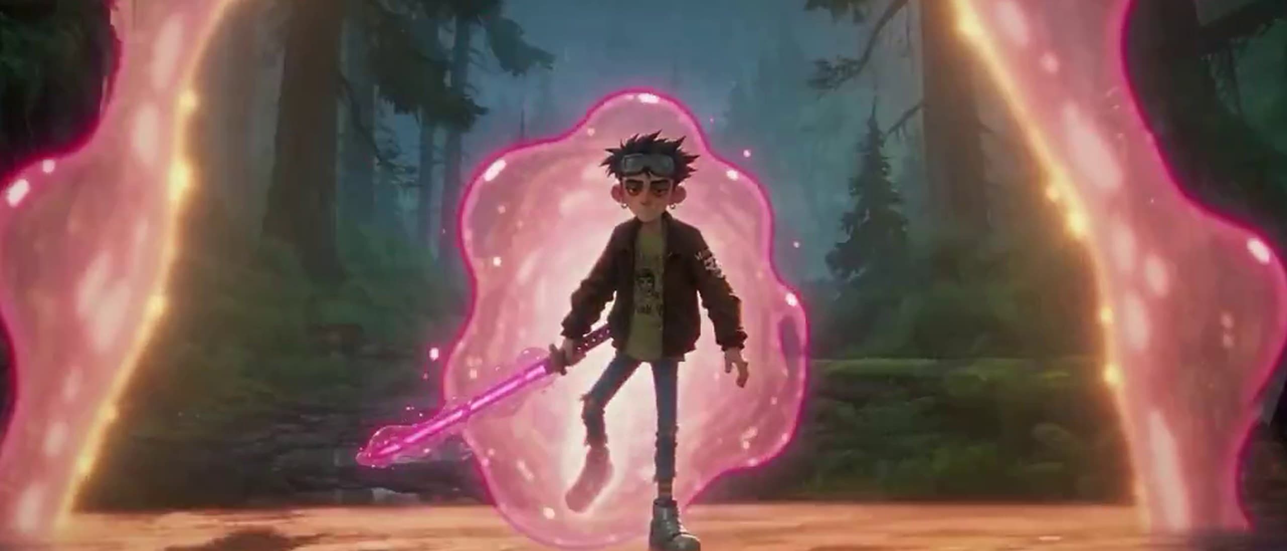 An animated boy in a leather jacket and goggles steps out of a glowing pink portal in a dark rainy forest, holding a glowing magenta sword