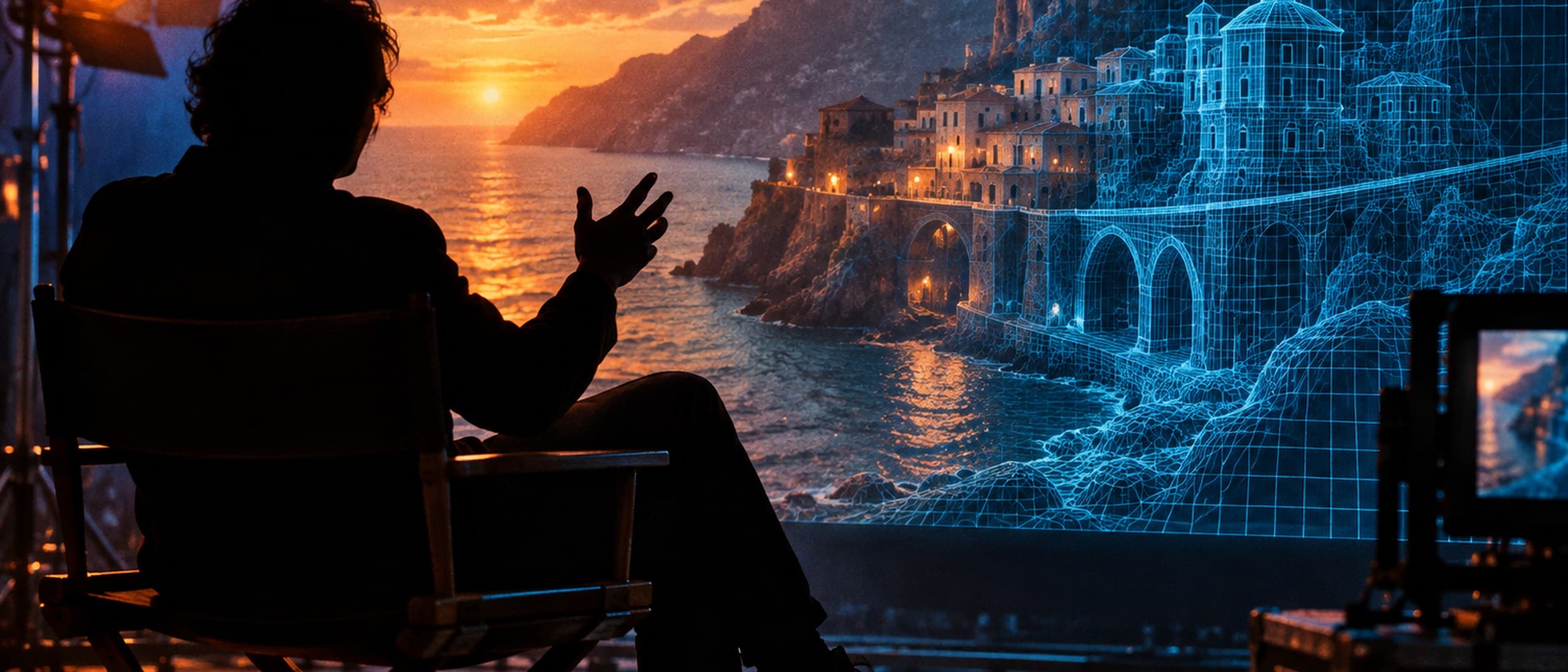 Silhouette of a director in a chair watching a coastal village at sunset turn into a blue wireframe on a studio screen