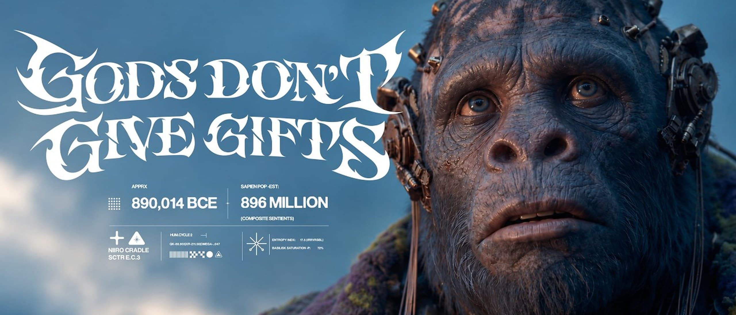 Gods Don't Give Gifts key art: a cybernetic ape with brass headgear looks up at a cloudy blue sky beside the film's jagged white title