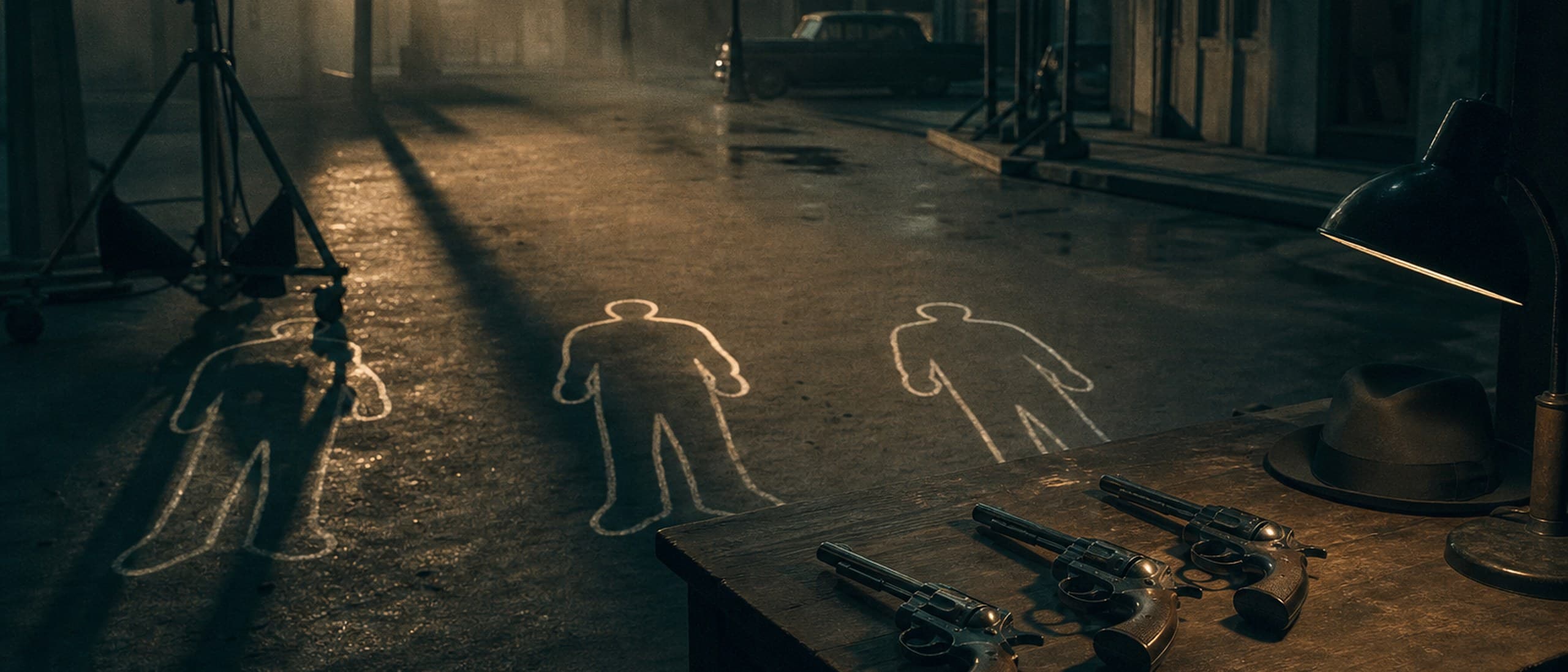 An empty studio backlot street at dawn: three chalk body outlines on wet asphalt, three revolvers and a fedora on a props table under a work lamp.