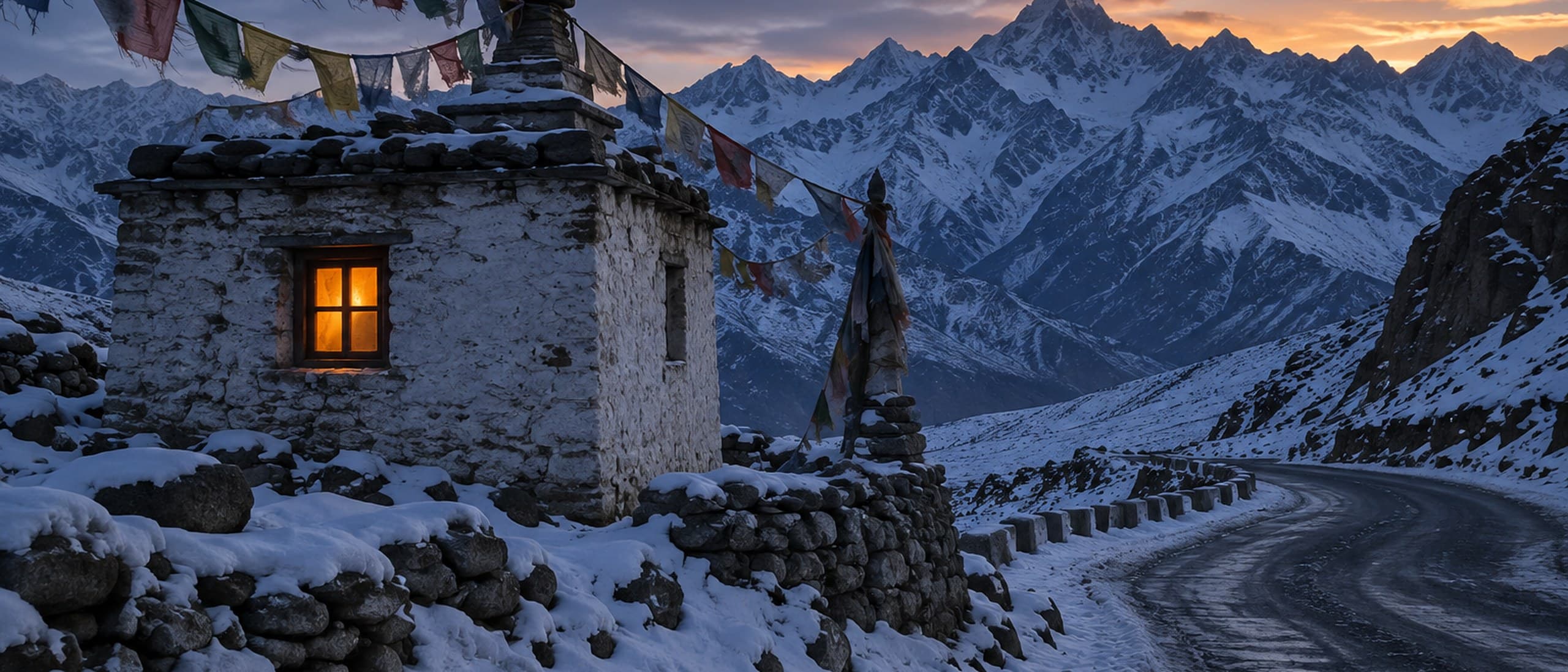 Illustration of a whitewashed stone shelter beside a snowy mountain road in Ladakh at dusk, with prayer flags and a single warmly lit window