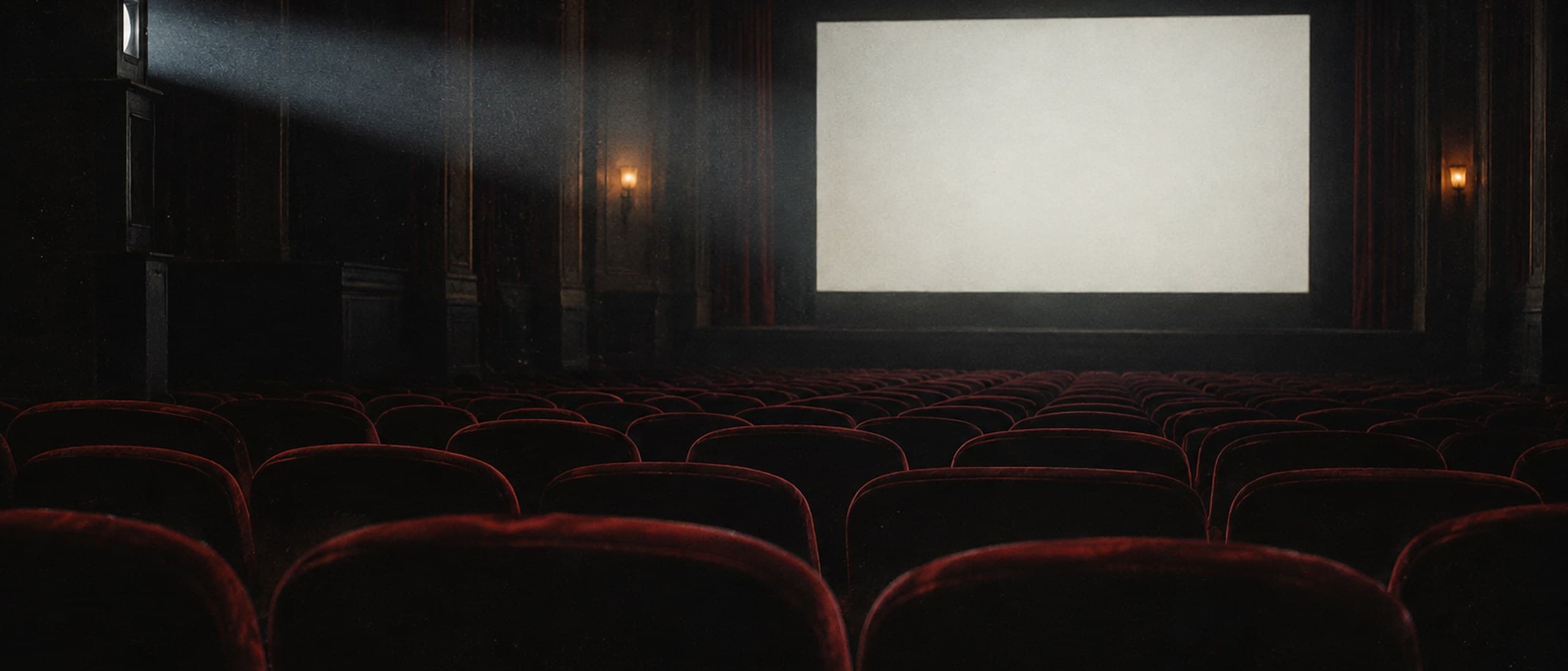 An empty theater auditorium in near darkness, a single projector beam crossing rows of red velvet seats toward a blank white screen