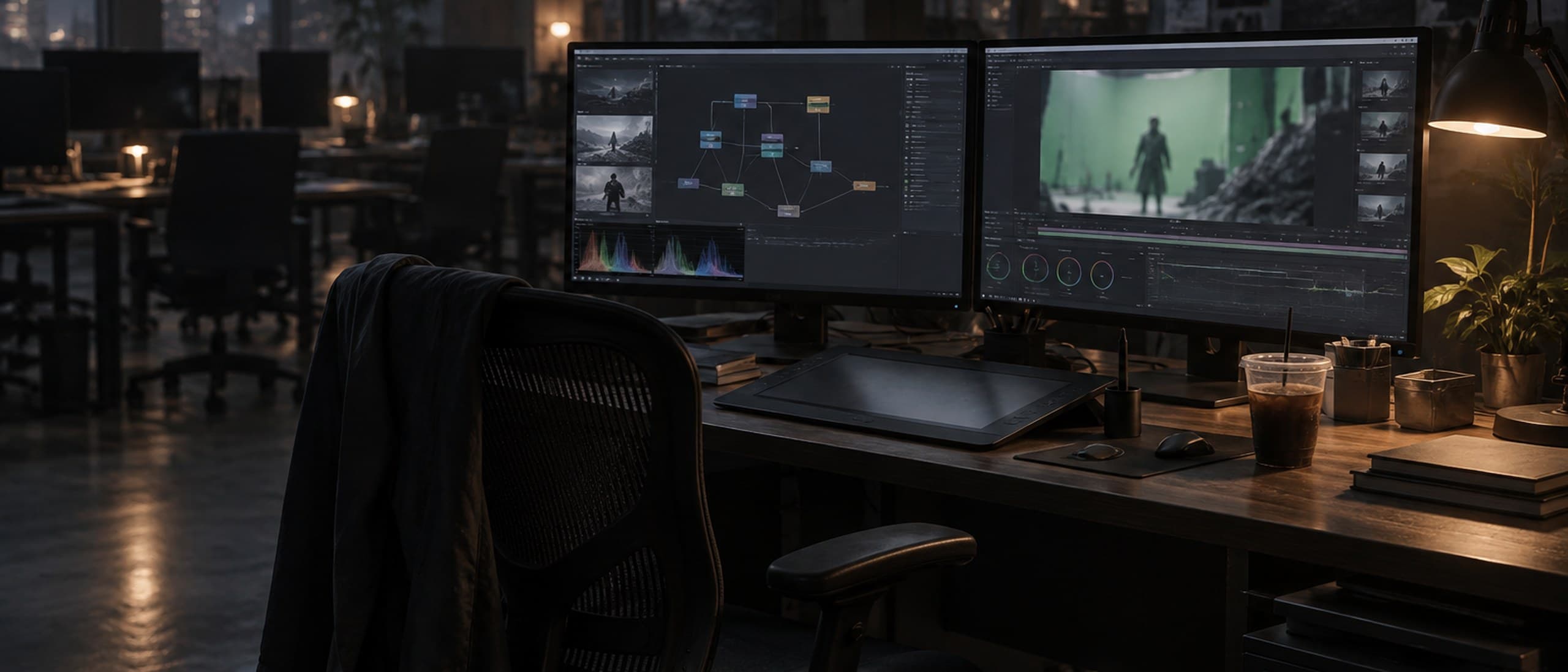 Illustration of an empty office chair at a visual effects compositing desk at night, two monitors showing a node graph and a green-screen shot