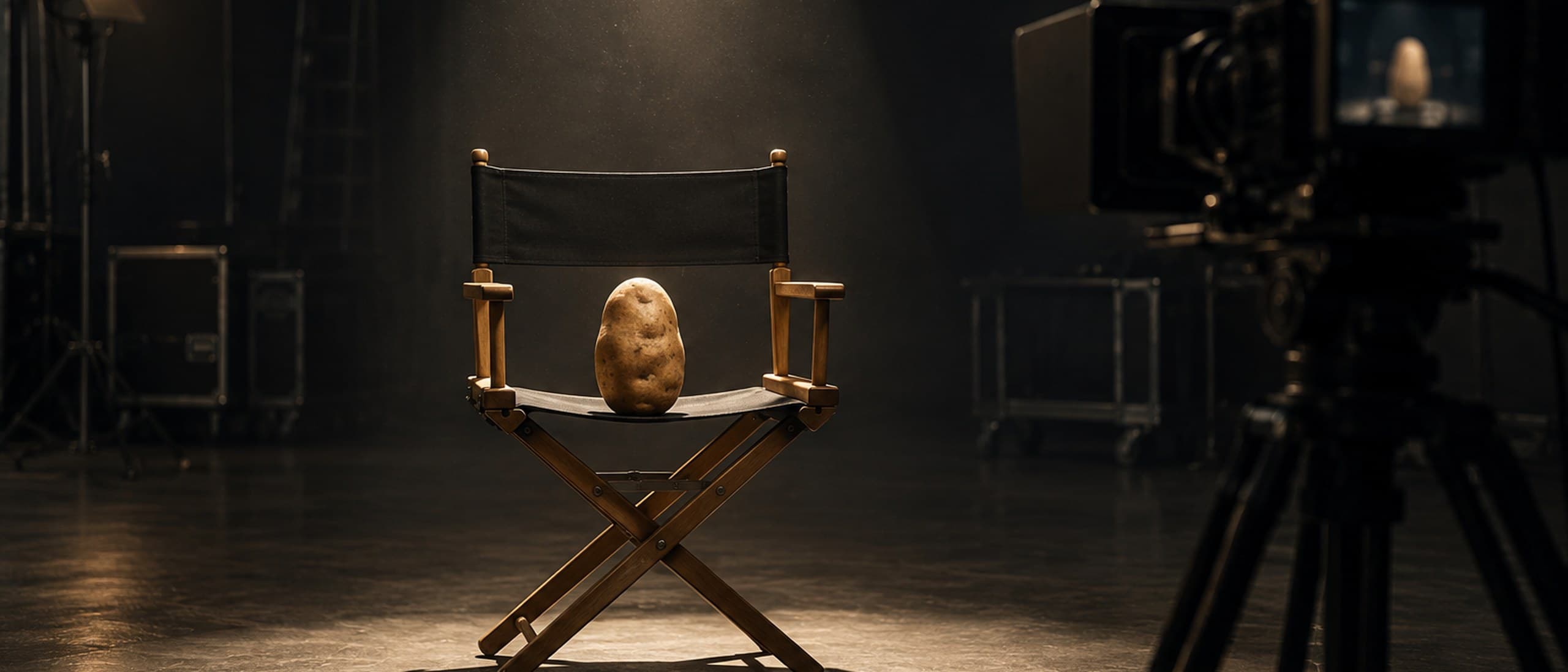 Illustration of a single potato sitting on a wooden director's chair under a hard spotlight on an empty dark film soundstage, with a cinema camera in the foreground
