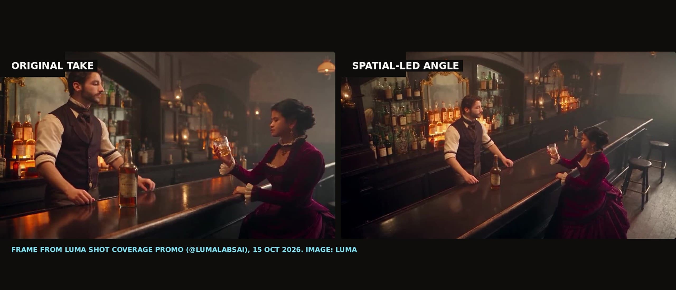 Side-by-side frames from Luma's Shot Coverage demo: a bartender and a woman in a burgundy dress at a lamp-lit saloon bar, and the same scene re-angled as a wide shot down the bar