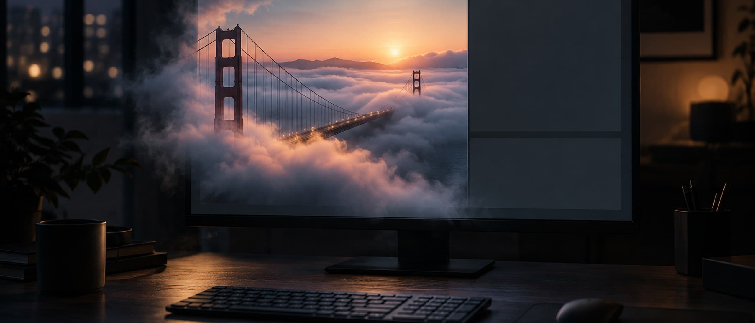 Illustration of a dark editing desk where one window on a computer monitor dissolves at soft glowing edges into a fog-covered suspension bridge at dawn