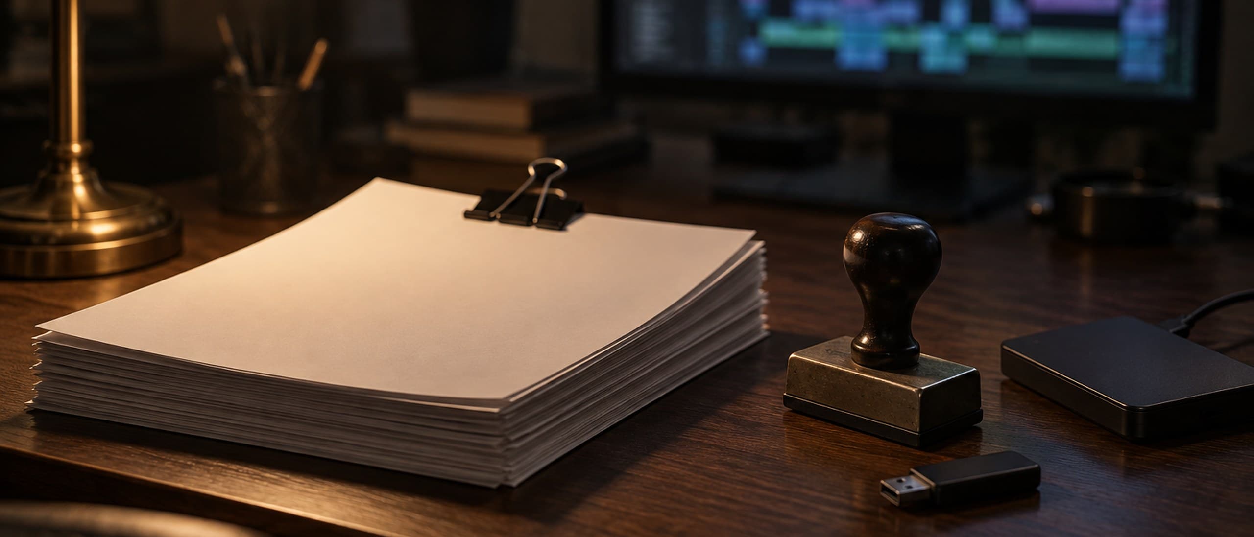 A stack of blank paper forms held by a black bulldog clip beside a rubber stamp, a USB drive and a hard drive on a dark wooden desk lit by a brass lamp, with a video edit timeline glowing out of focus behind